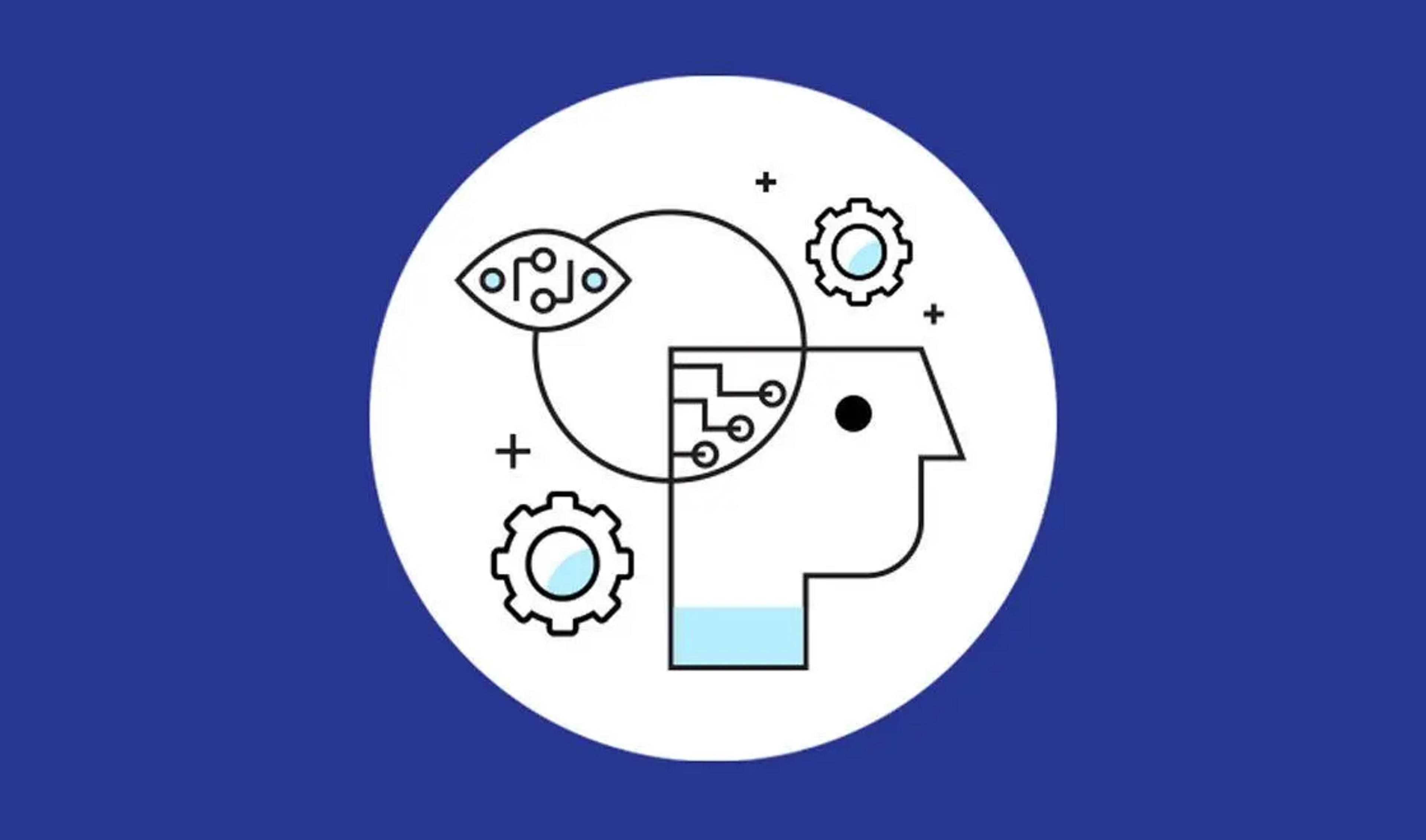 Ilustração linear de uma cabeça humana de perfil com elementos de placa de circuito, engrenagens e líquido, representando inteligência artificial ou aprendizado de máquina.