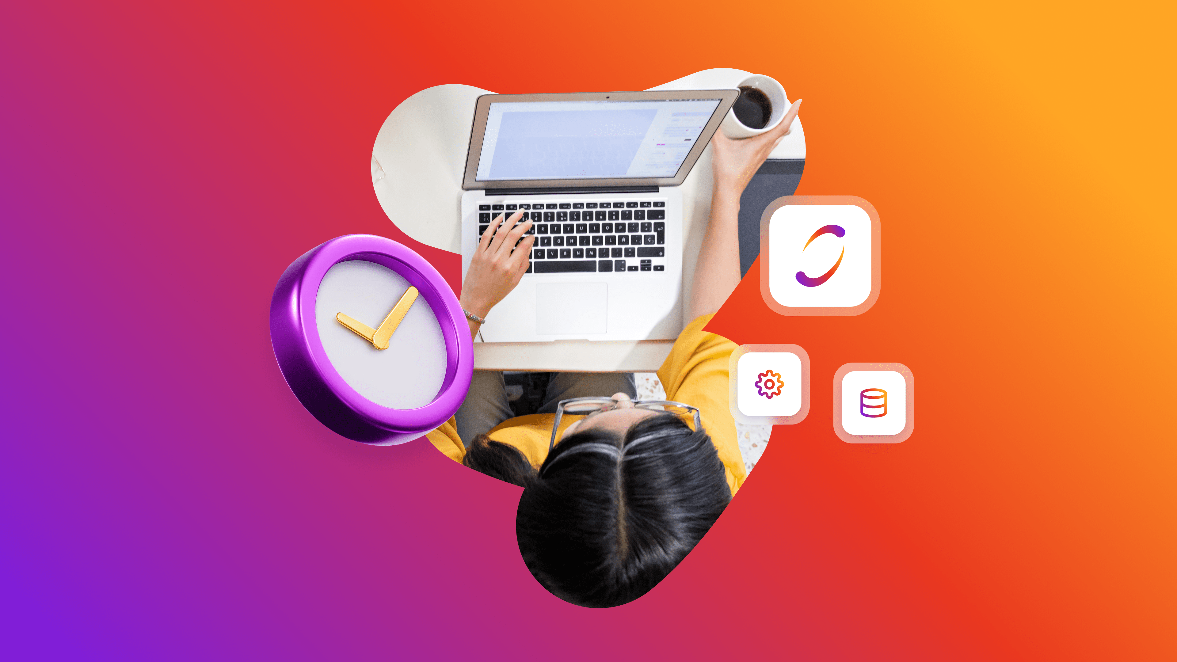 Person working on laptop with coffee, surrounded by 3D clock, gear, database, and abstract logo icons on a purple-orange gradient background.