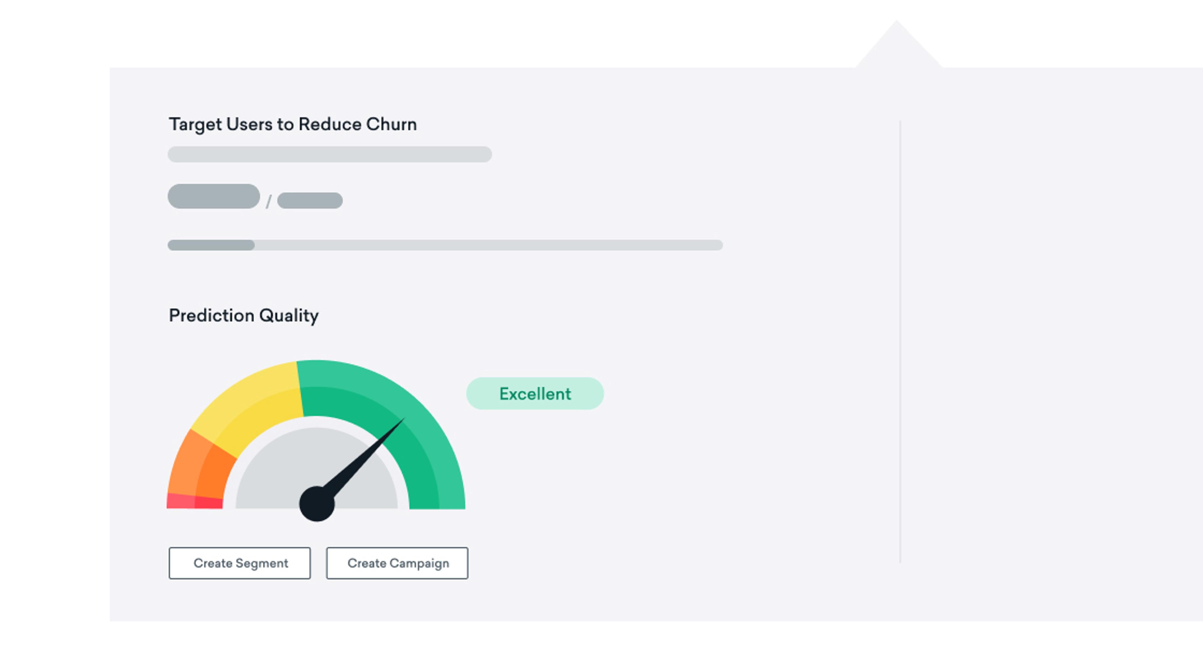 A dashboard displaying a prediction quality gauge indicating "Excellent" for targeting users to reduce churn, with options to create a segment or campaign.