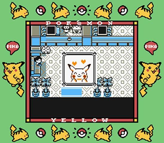 A screenshot from the game Pokémon Yellow, featuring a character in a room with a Pikachu drawing on the wall. Pikachu graphics are displayed around the edges.