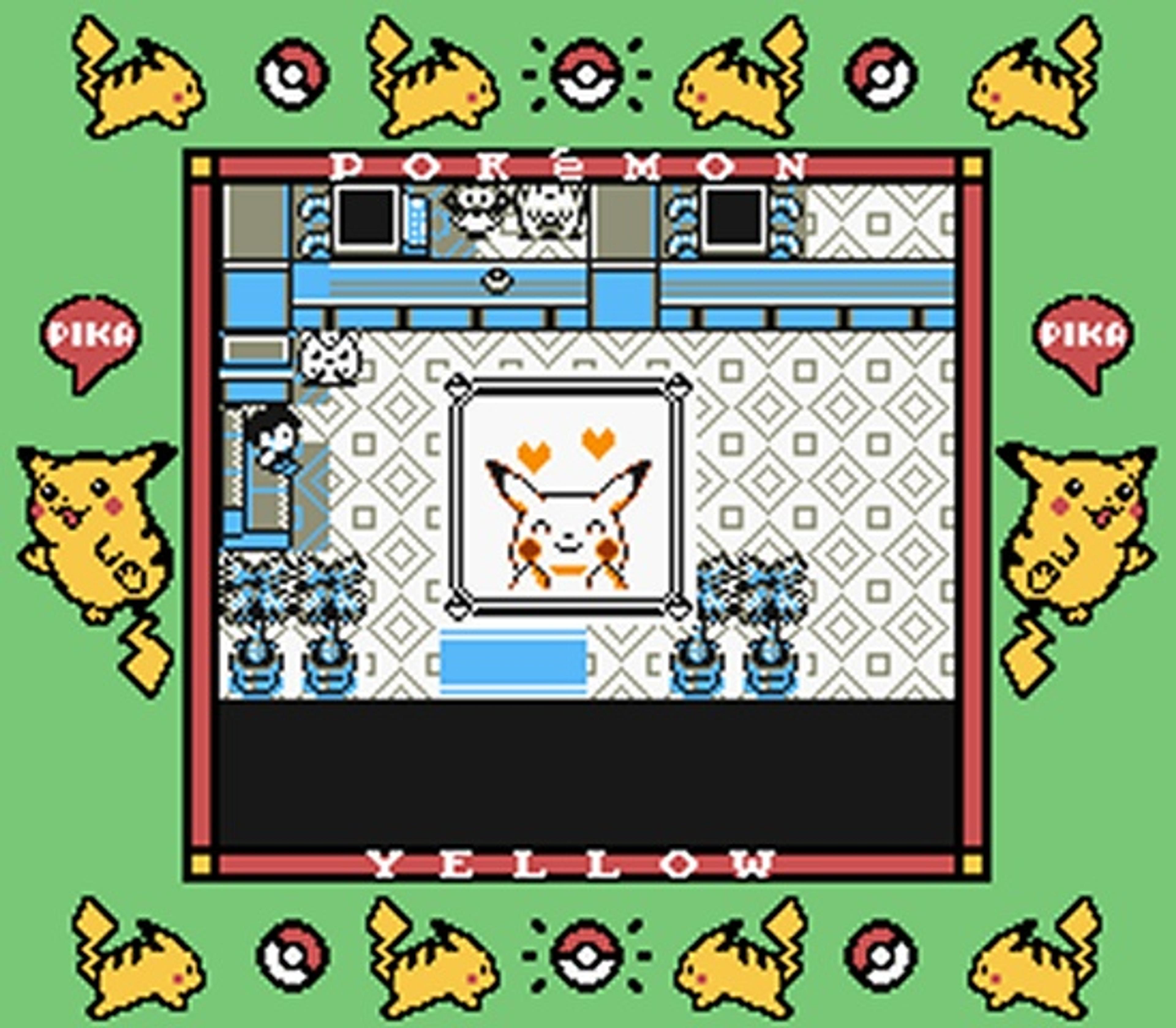 A screenshot from the game Pokémon Yellow, featuring a character in a room with a Pikachu drawing on the wall. Pikachu graphics are displayed around the edges.