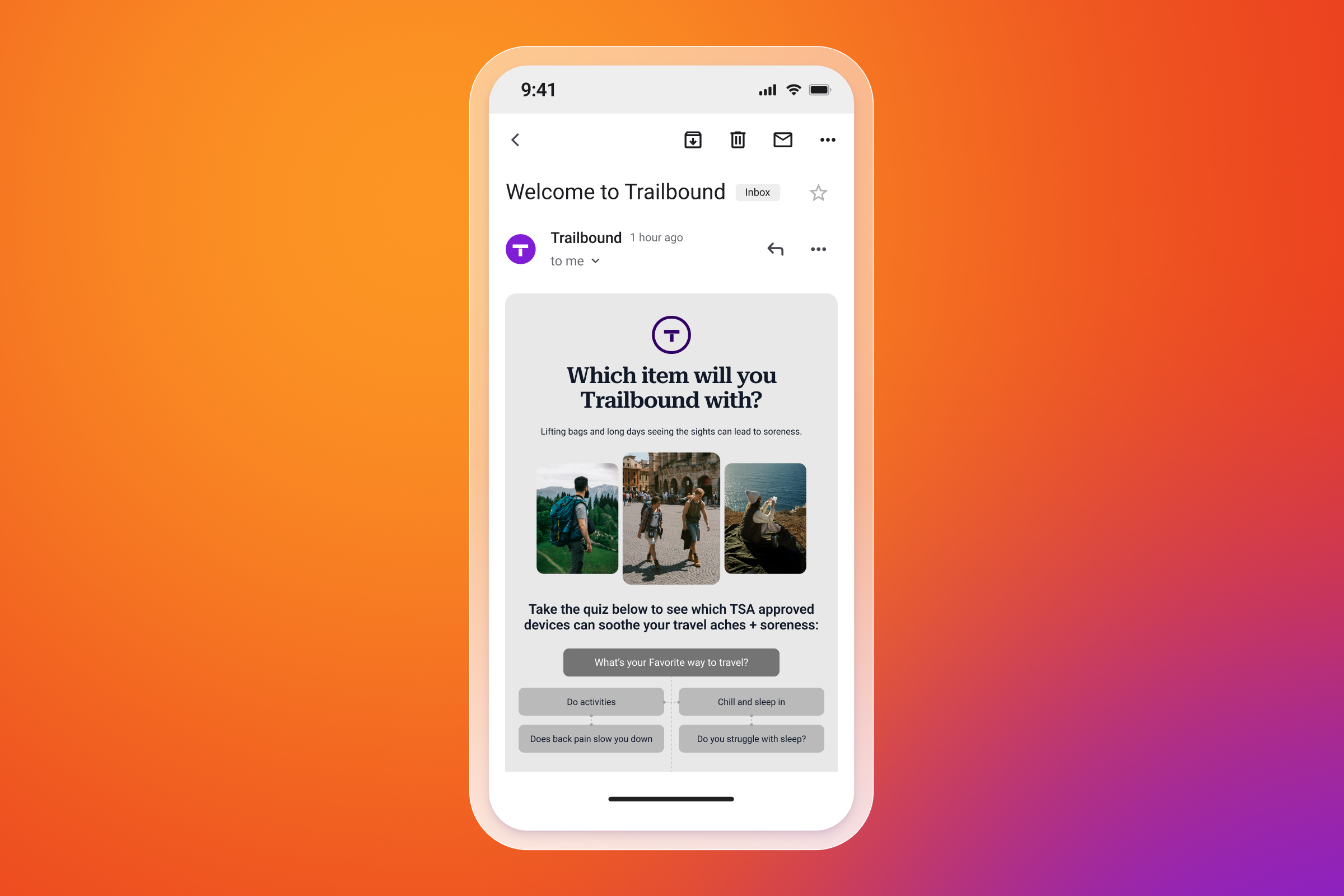 A smartphone displaying a 'Trailbound' email with a travel quiz and related images.