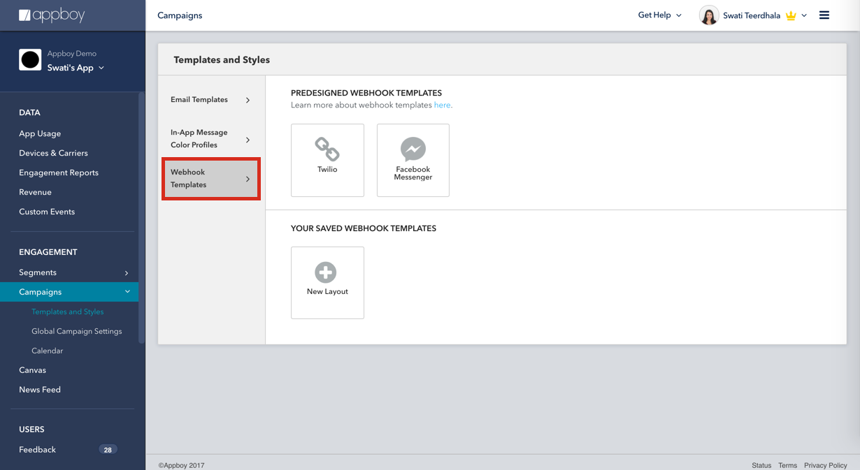 A user interface displaying the "Templates and Styles" section of a campaign management tool, highlighting "Webhook Templates" with options for Twilio and Facebook Messenger.
