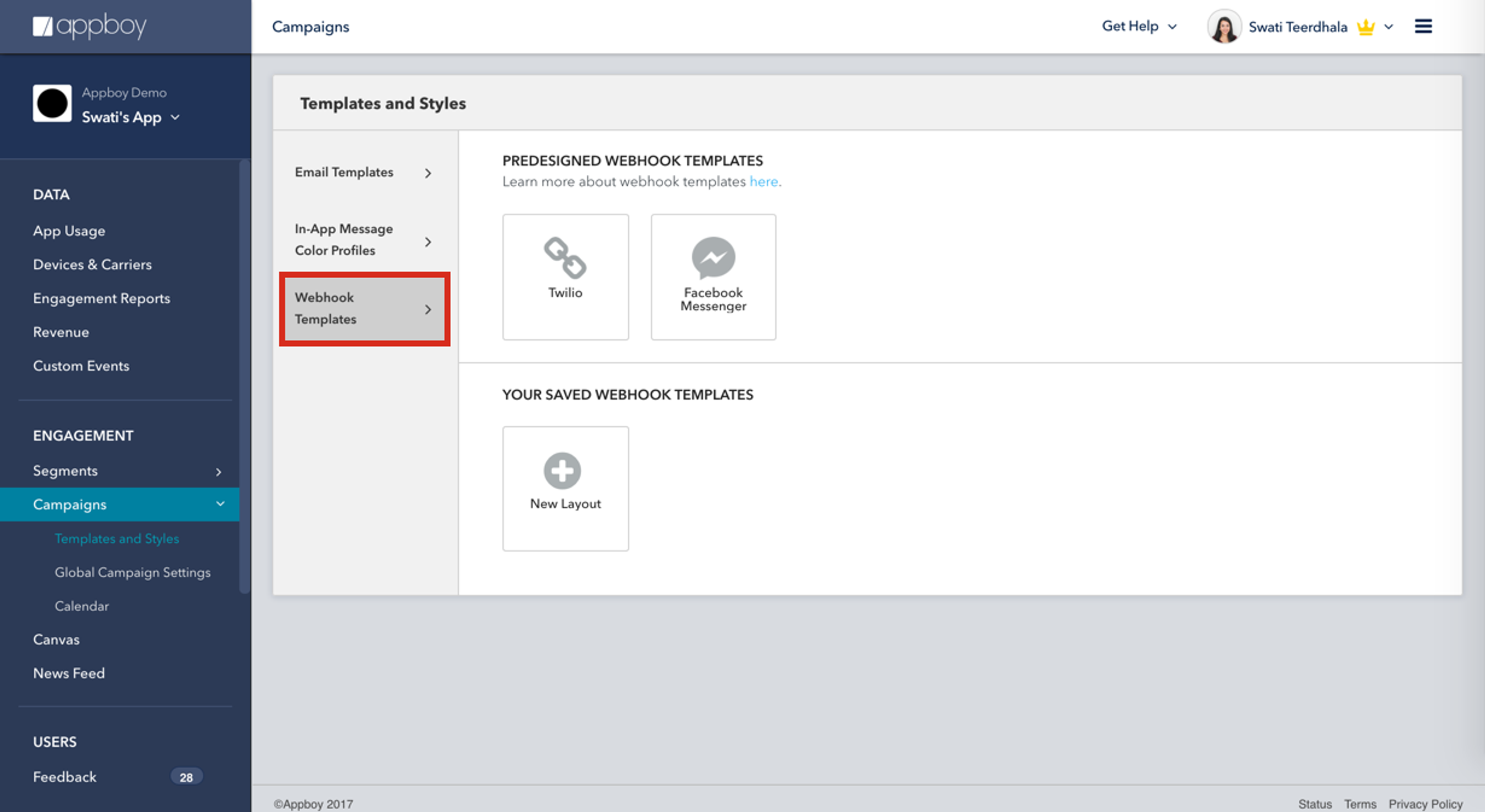 A user interface displaying the "Templates and Styles" section of a campaign management tool, highlighting "Webhook Templates" with options for Twilio and Facebook Messenger.