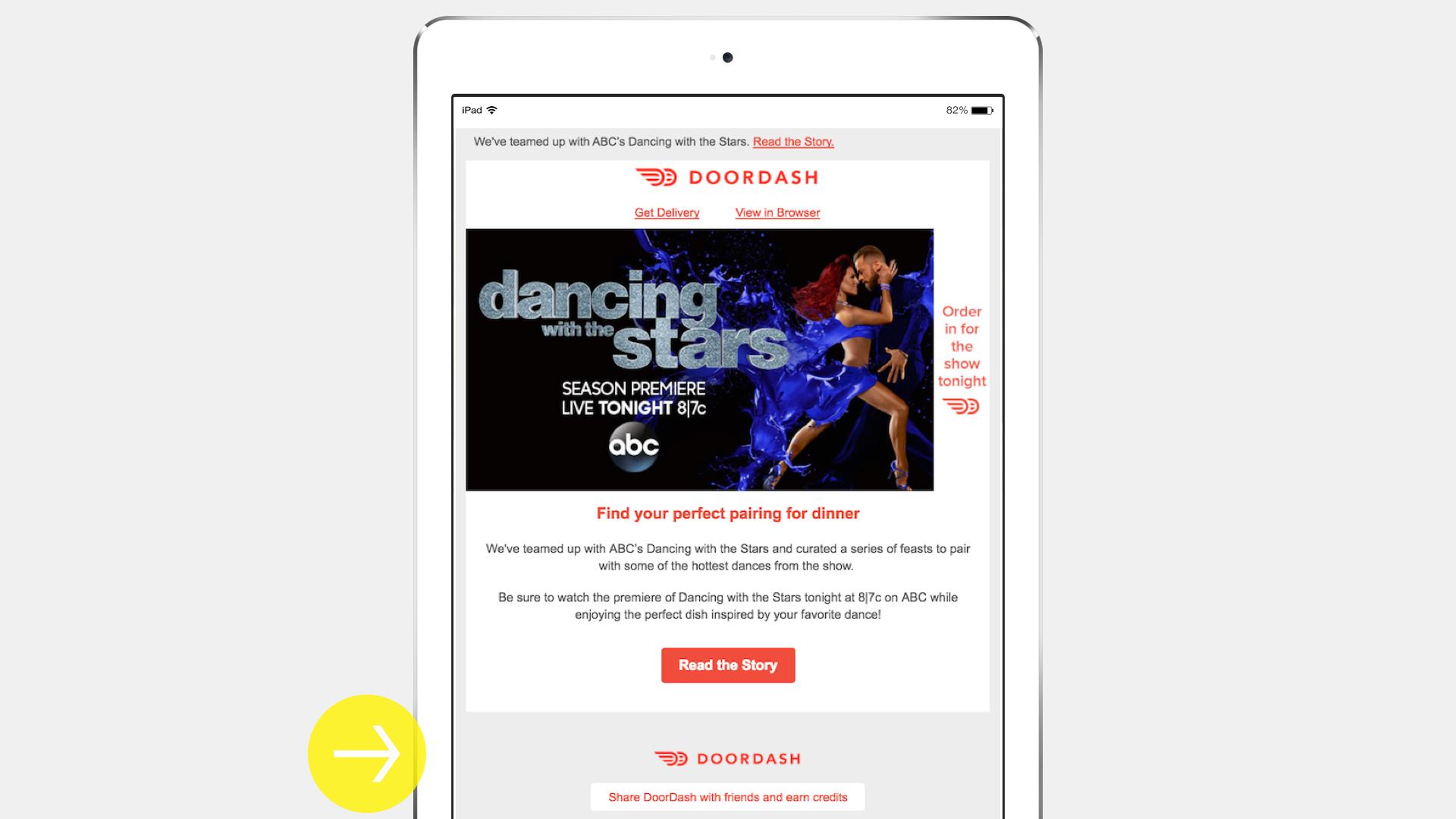 An email advertisement for DoorDash promoting the season premiere of "Dancing with the Stars." It includes a call to action to order food for the show.