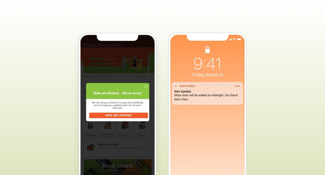 A smartphone screen displays a notification about limited slots available, with a message apologizing for the inconvenience. The time on the second phone screen shows 9:41 AM on March 6.