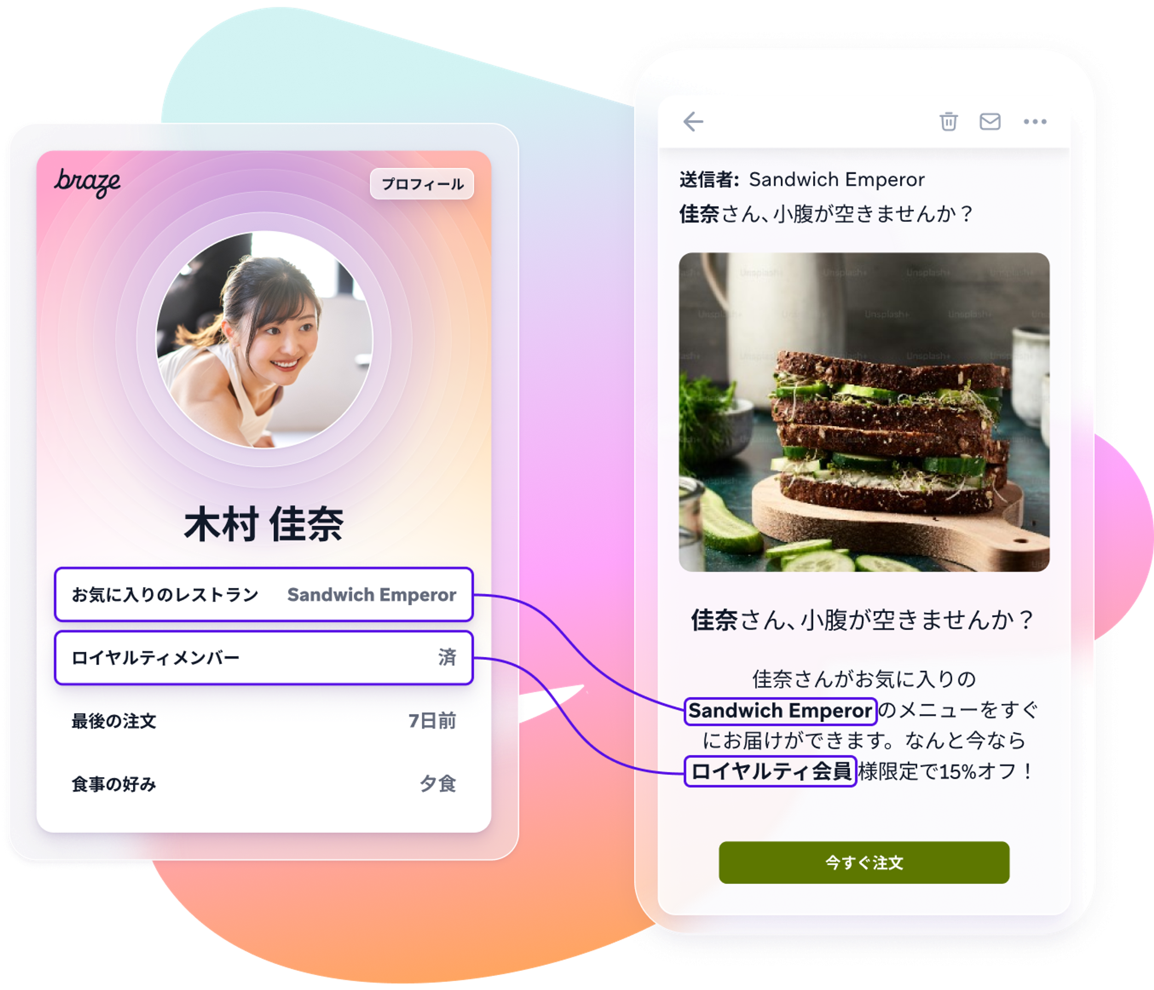 a braze app shows a picture of a woman and a sandwich