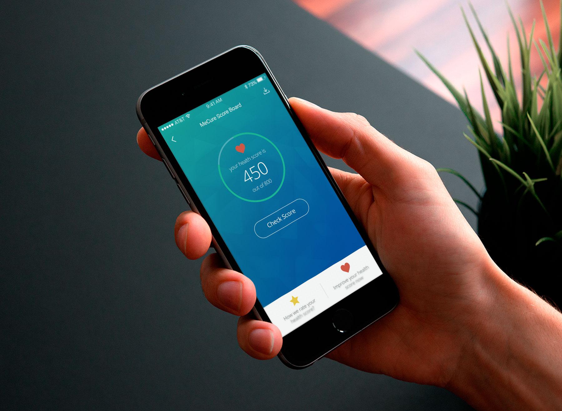 A person holding a smartphone displaying a health app with a score of 450 and a heart icon. The background features a plant and a wooden surface.
