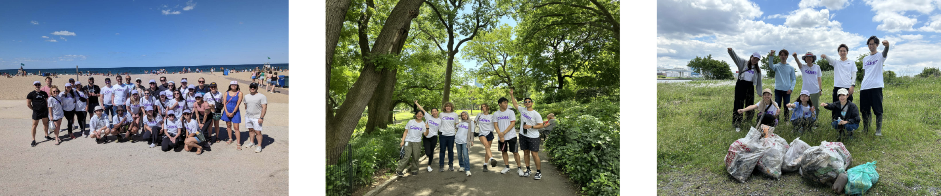 A group of people poses on a beach, followed by another group in a park, and a third group holding trash bags outdoors. All participants are wearing matching shirts.