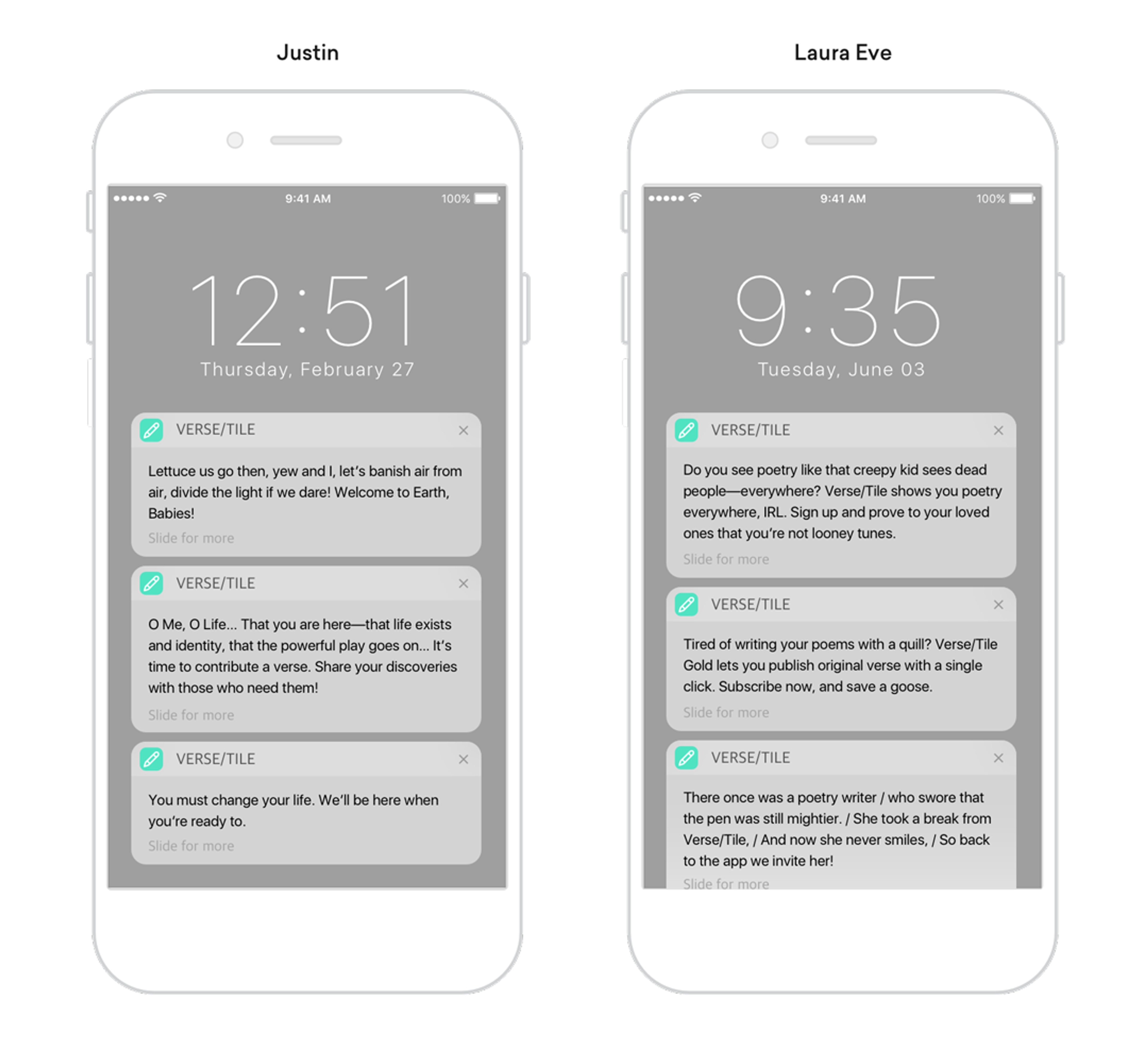 Two smartphones displaying text message notifications. The left phone shows messages from "Justin," and the right phone shows messages from "Laura Eve.