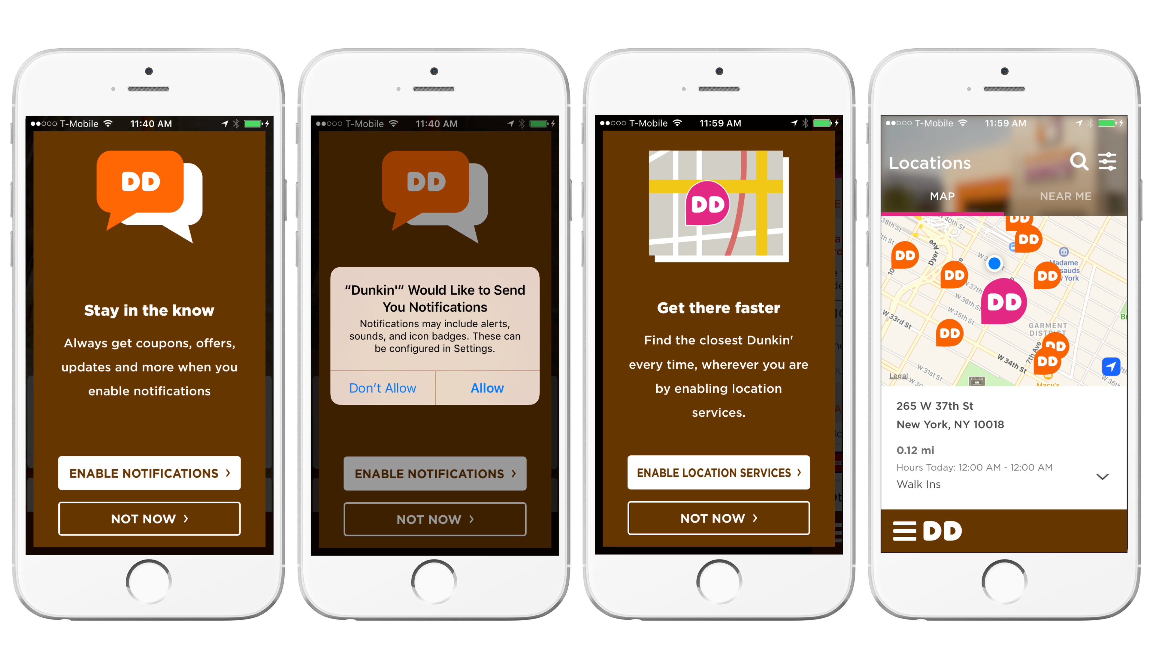 Screenshots of a mobile app interface for Dunkin', showing options to enable notifications and location services, along with a map of nearby locations.