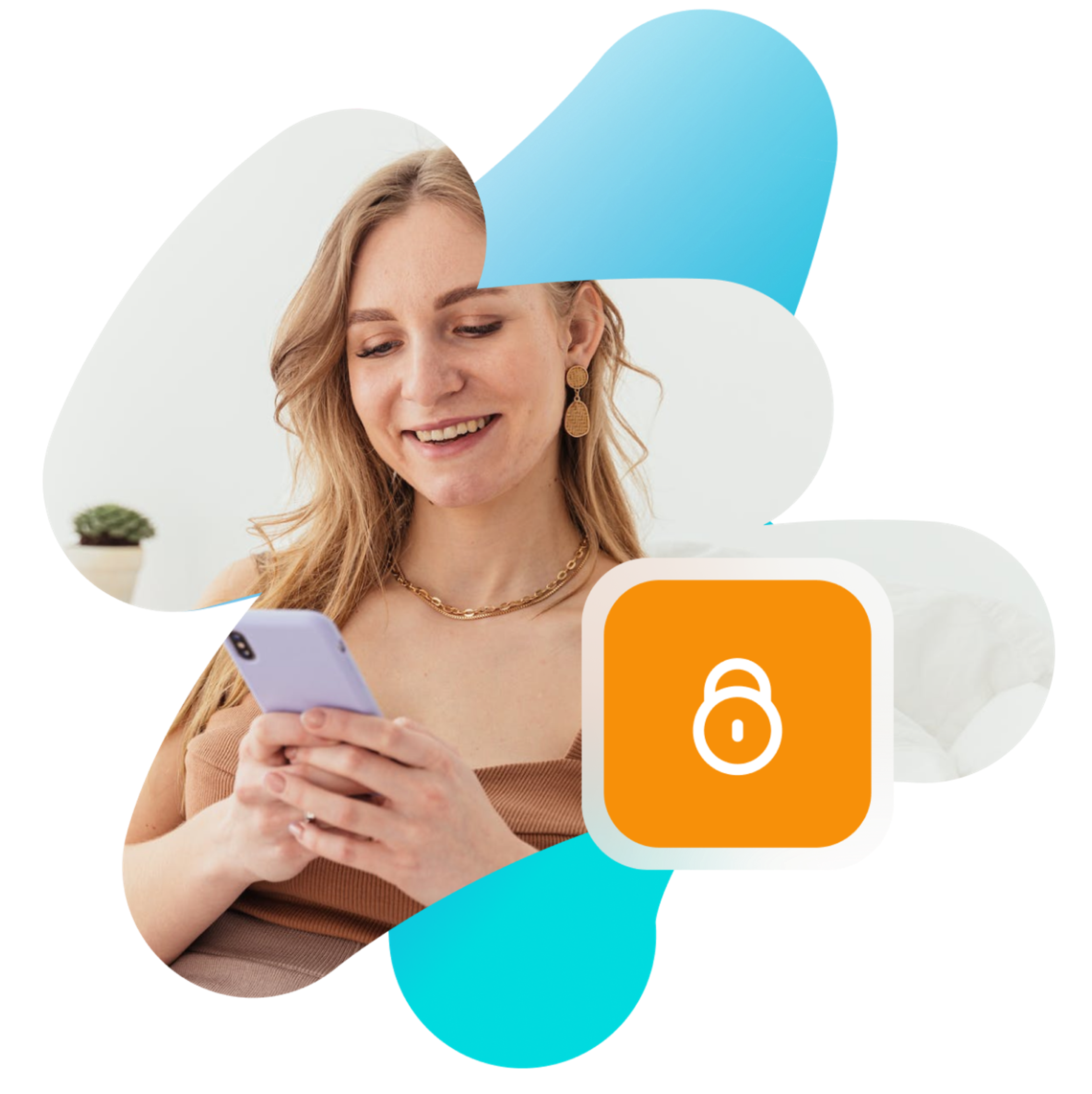 a woman is smiling while looking at her cell phone