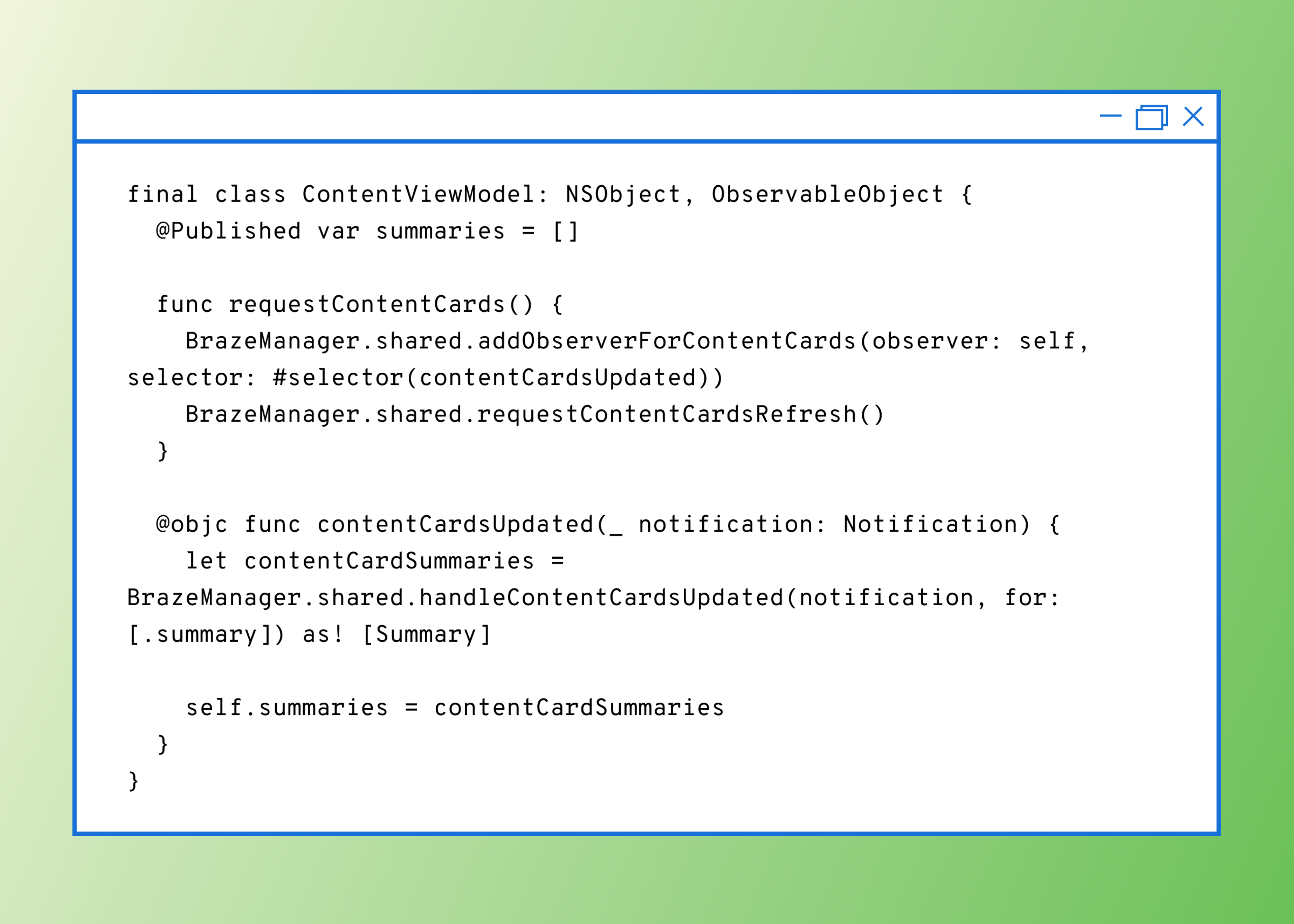 Code snippet showing a Swift class definition for managing content cards, including a method to request updates and handle notifications.