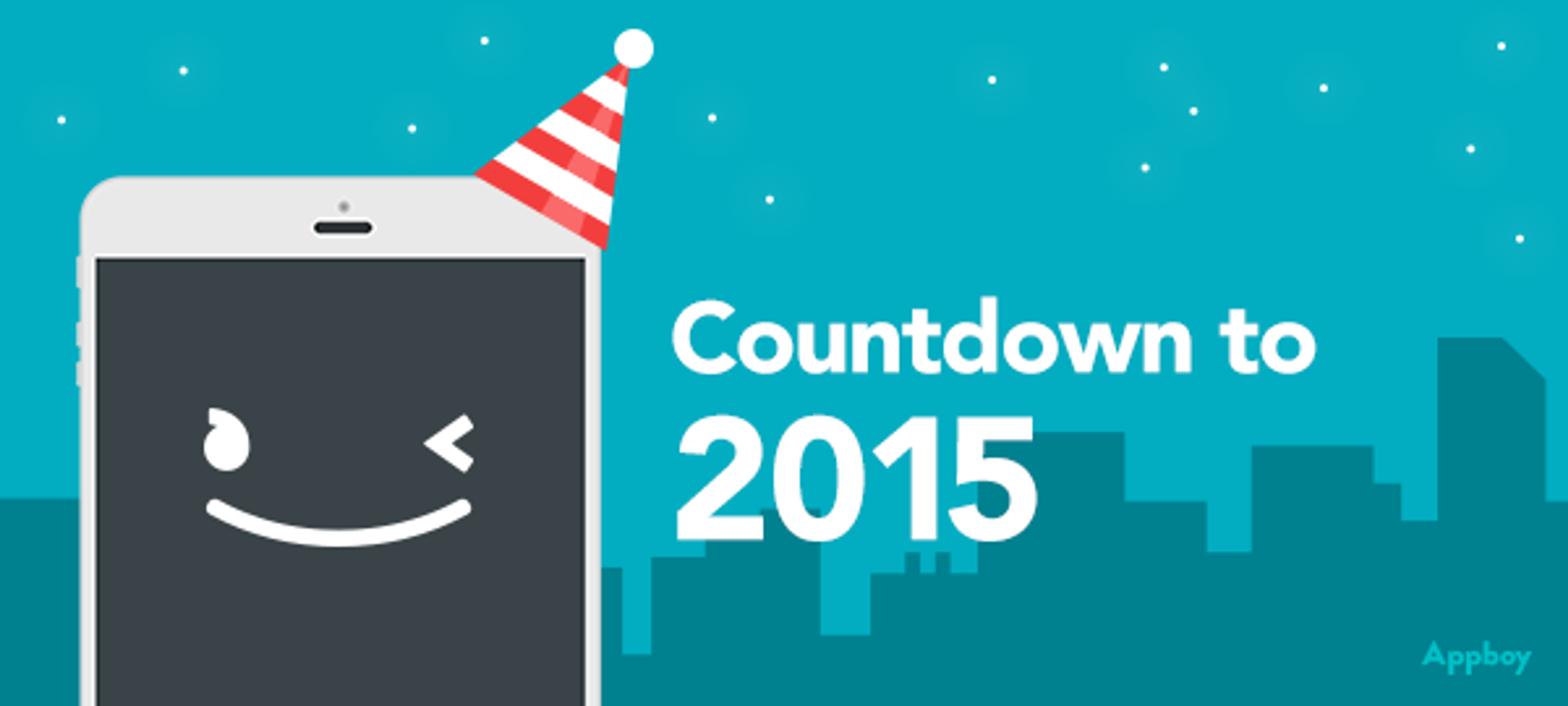 A smartphone with a smiling face and a party hat, set against a blue background with city silhouettes. Text reads "Countdown to 2015.