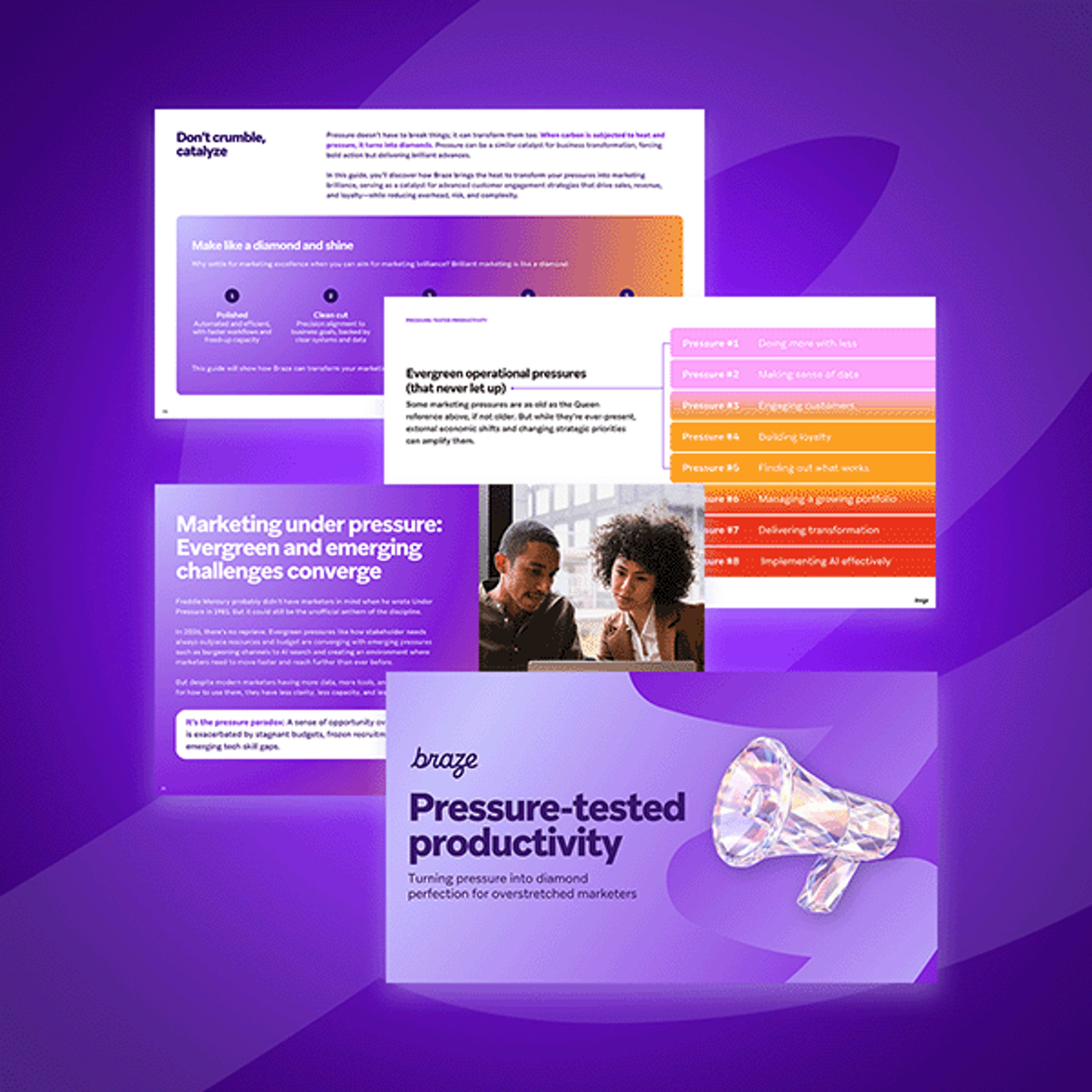A collection of digital marketing reports and articles about pressure and productivity, featuring a crystal megaphone.