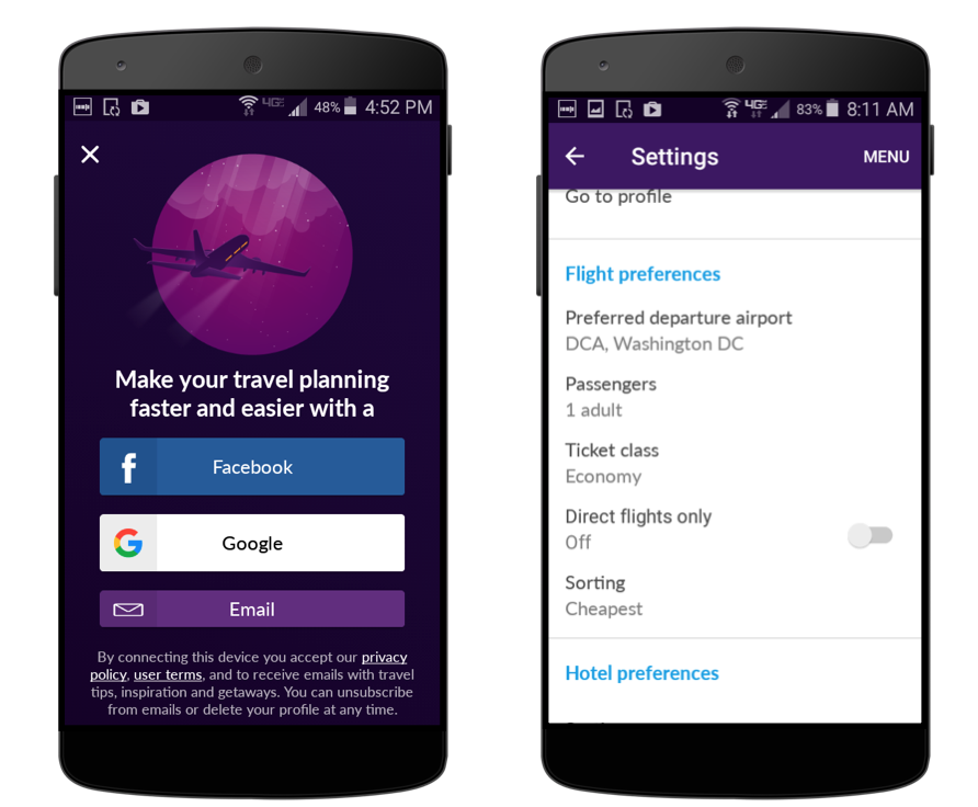 Screenshots of a travel planning app interface, featuring options to log in with Facebook, Google, or email on the left, and settings for flight preferences on the right.