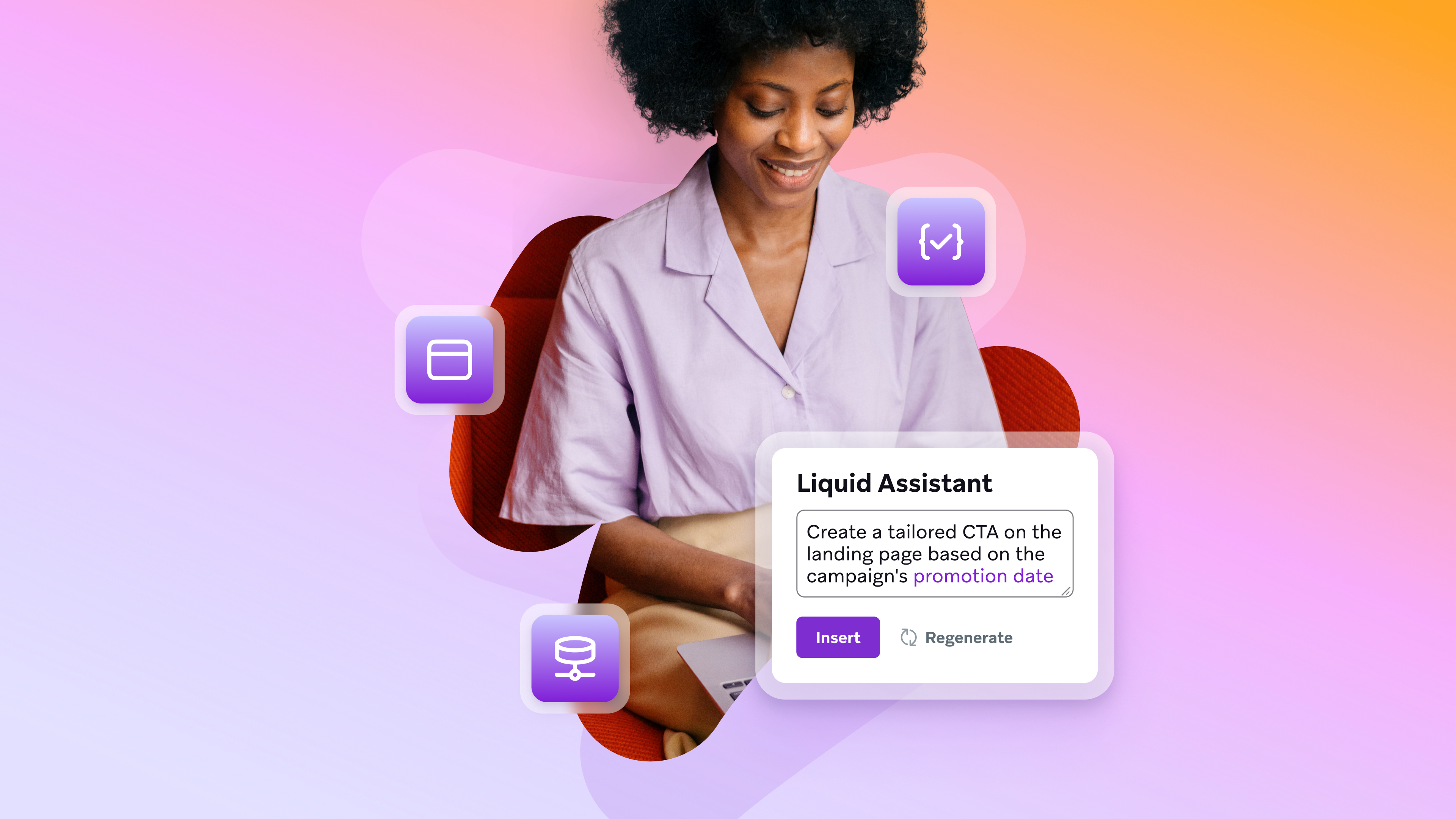 A smiling Black woman looks at a "Liquid Assistant" pop-up suggesting a tailored call-to-action, surrounded by digital icons.