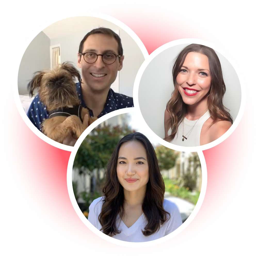 a man is holding a small dog and two women are smiling