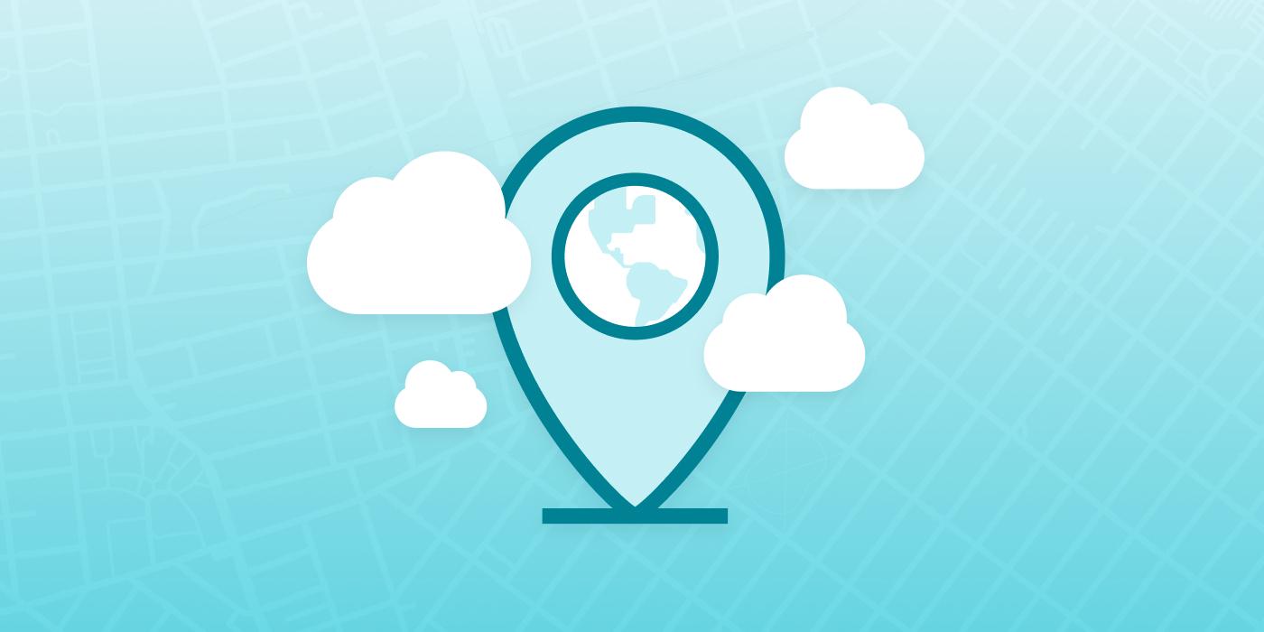 a map pin with a globe in the middle and clouds around it .
