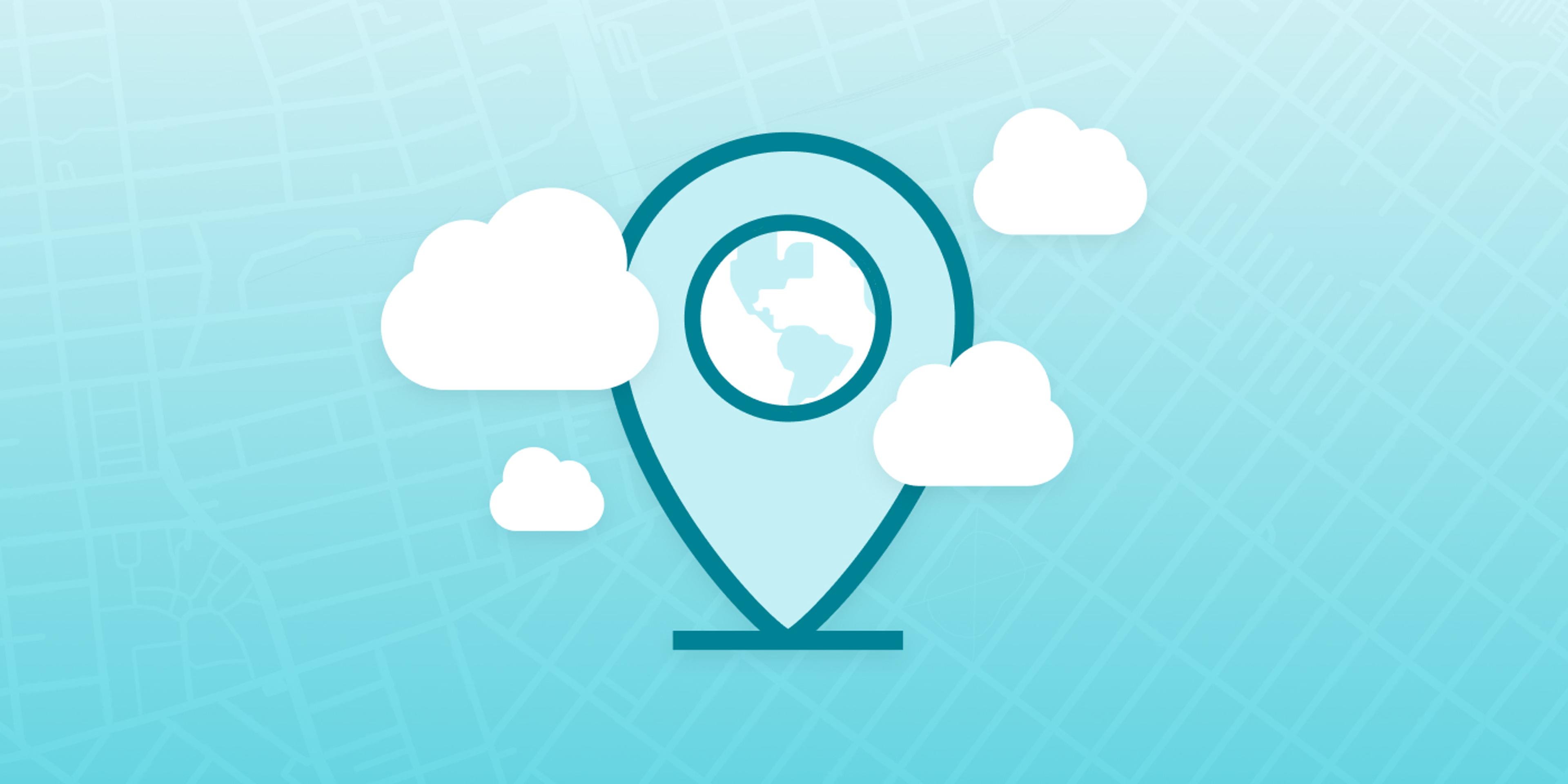 a map pin with a globe in the middle and clouds around it .