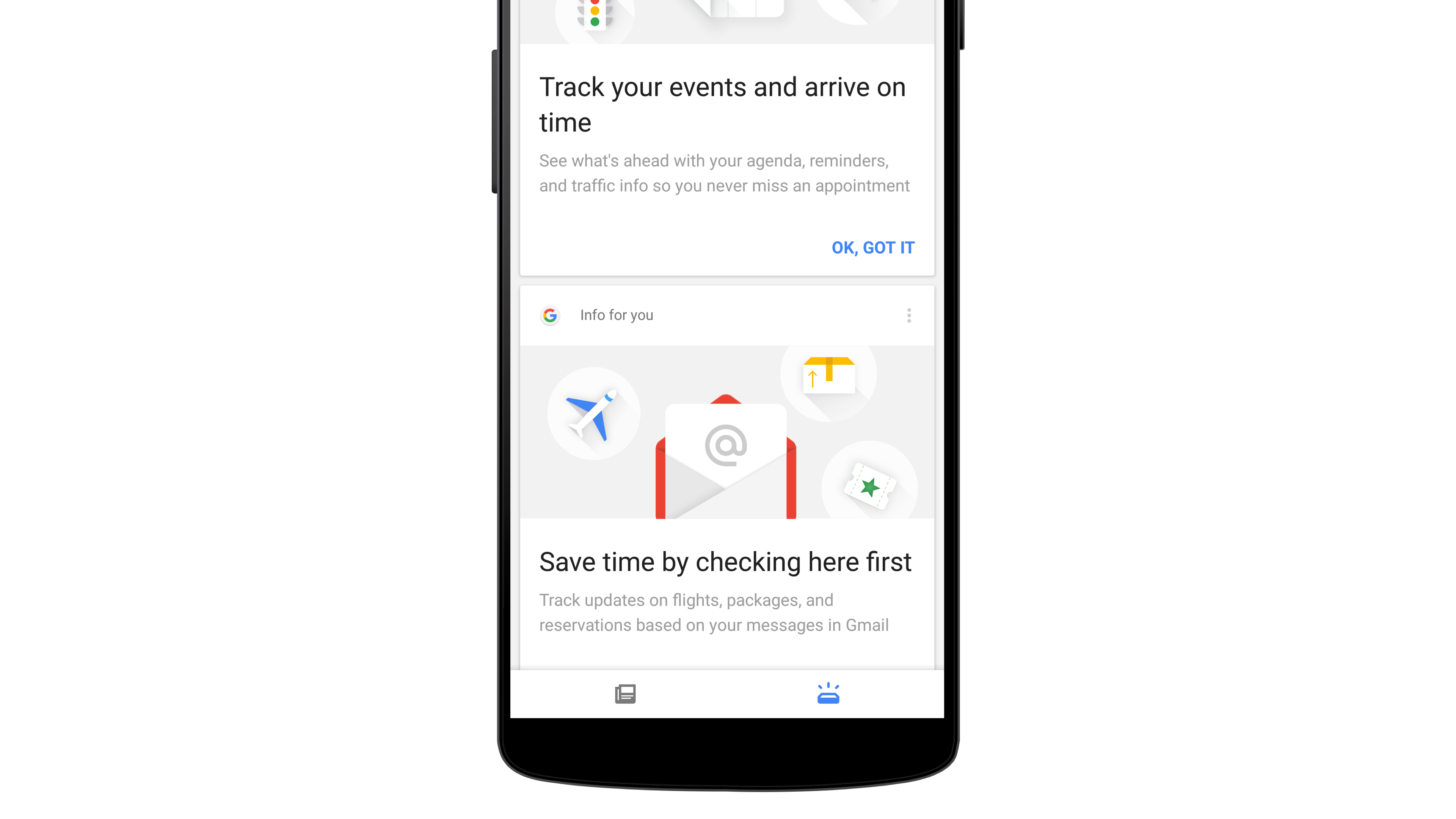 A smartphone screen displaying a Google app interface with sections for tracking events and checking information related to flights and reservations.