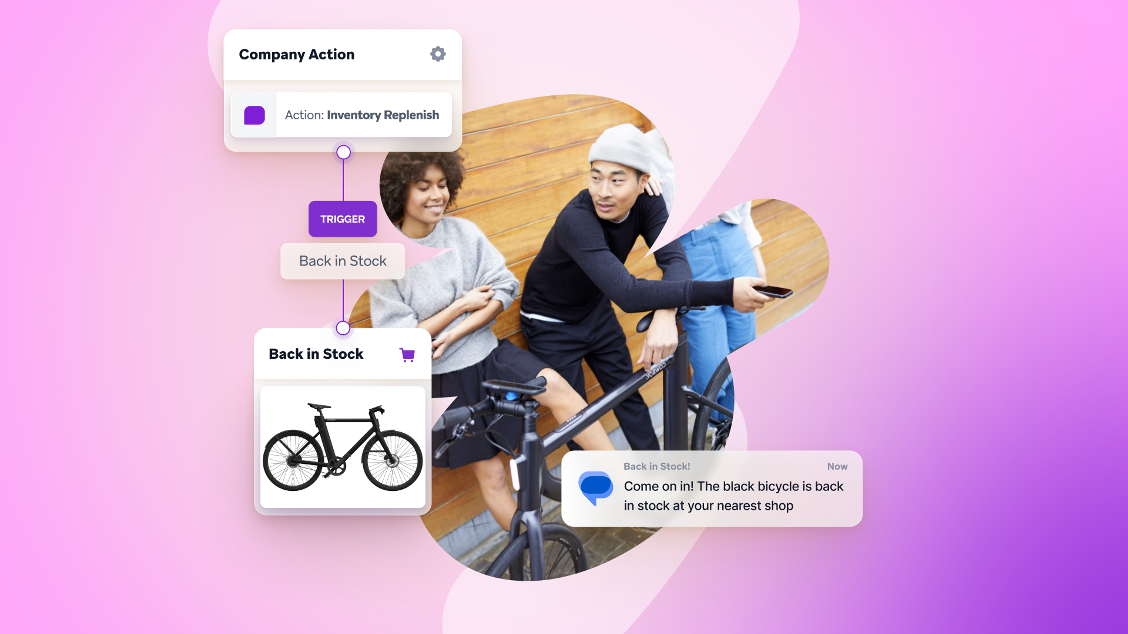 a man and a woman are sitting on a bicycle with a purple background that says company action