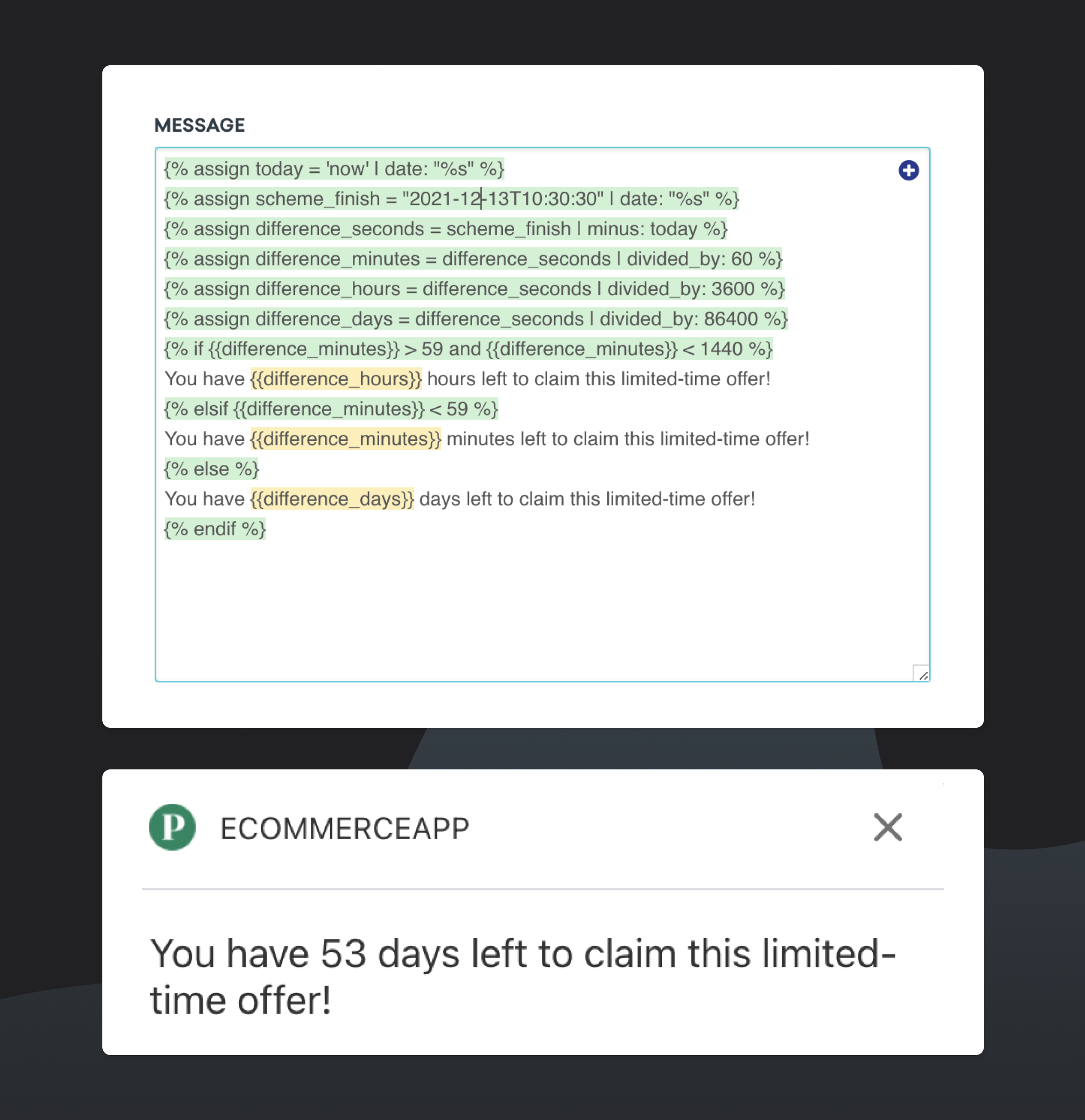 A message displaying a countdown timer indicating that there are 53 days left to claim a limited-time offer. The message includes code snippets related to time calculations.