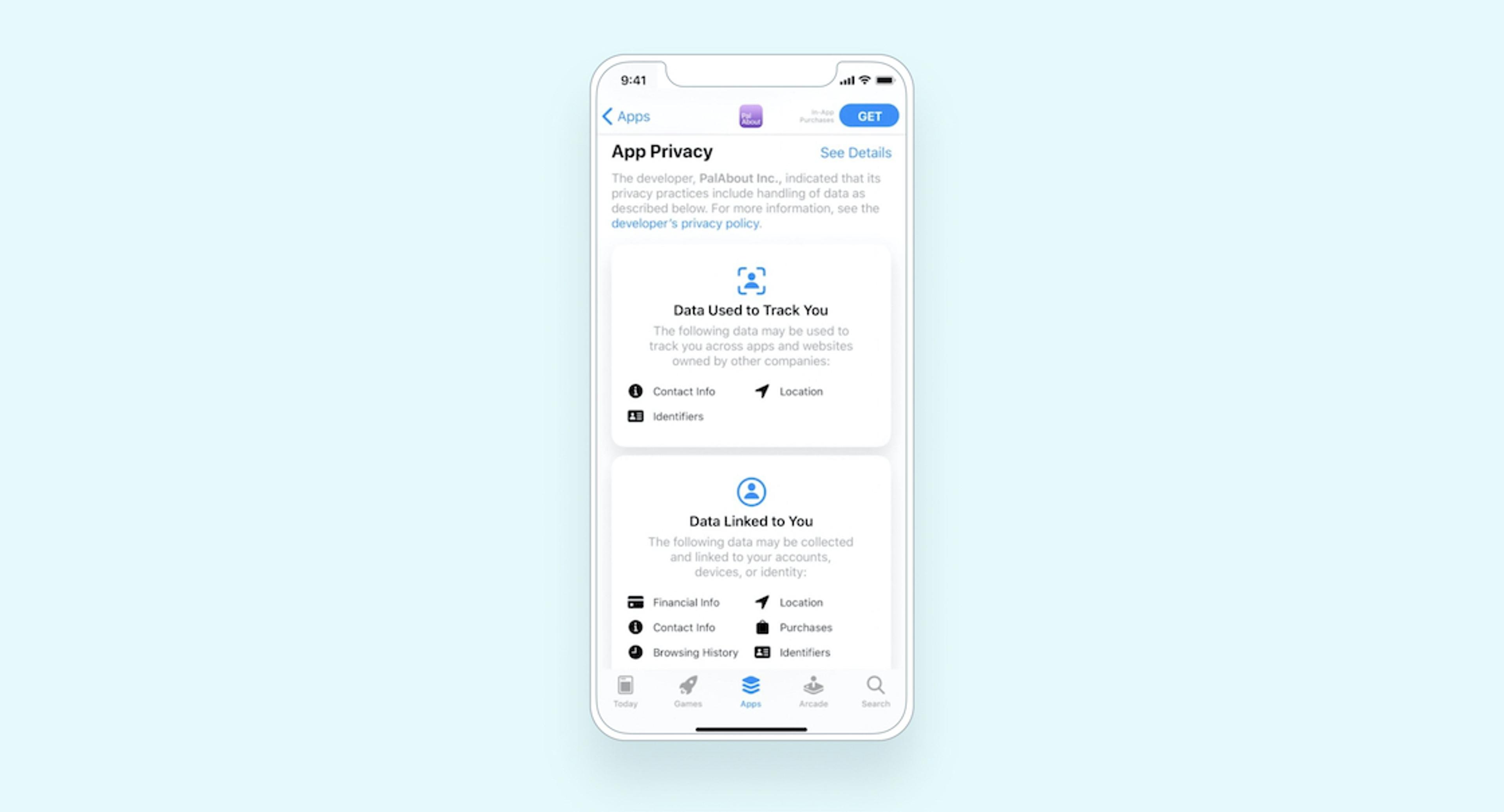 A smartphone displaying an app privacy information screen. It lists data used to track users and data linked to them, including identifiers and location.
