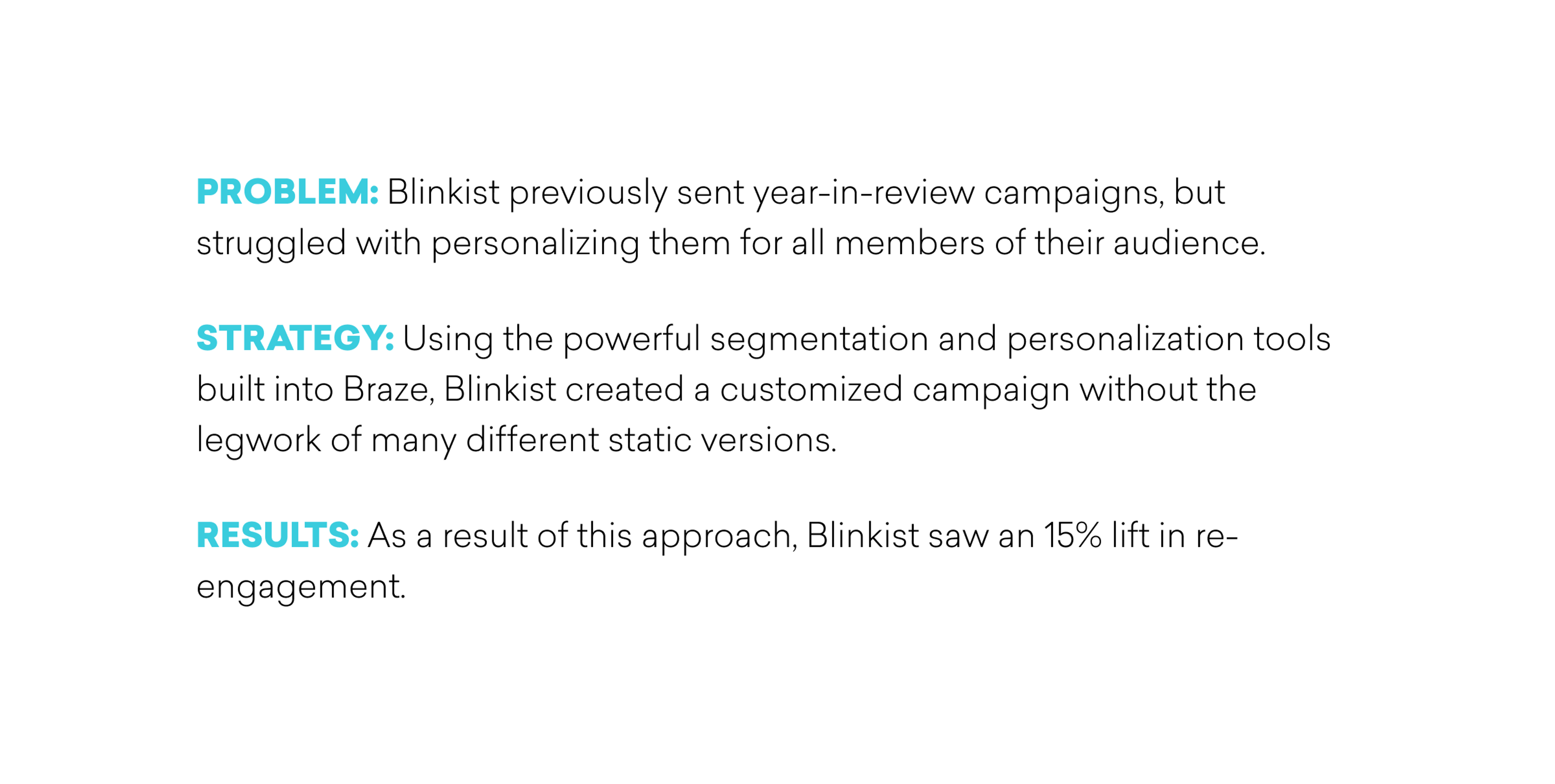 Text describing a marketing problem, strategy, and results related to Blinkist's year-in-review campaigns, highlighting a 15% increase in re-engagement.