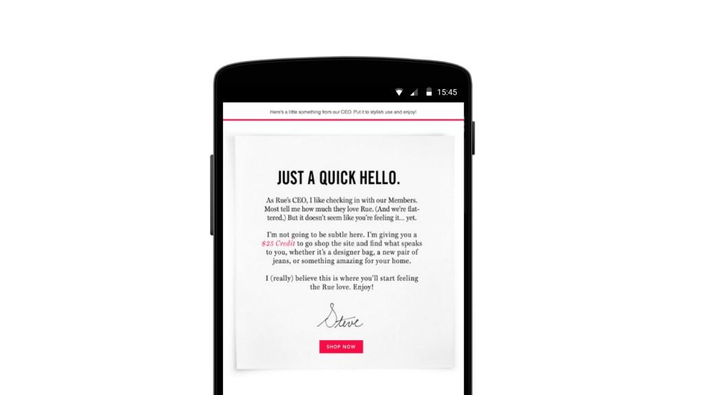 A smartphone screen displays a message titled "Just a Quick Hello," inviting members to check in and offering a special deal. The message is signed by "Steve.