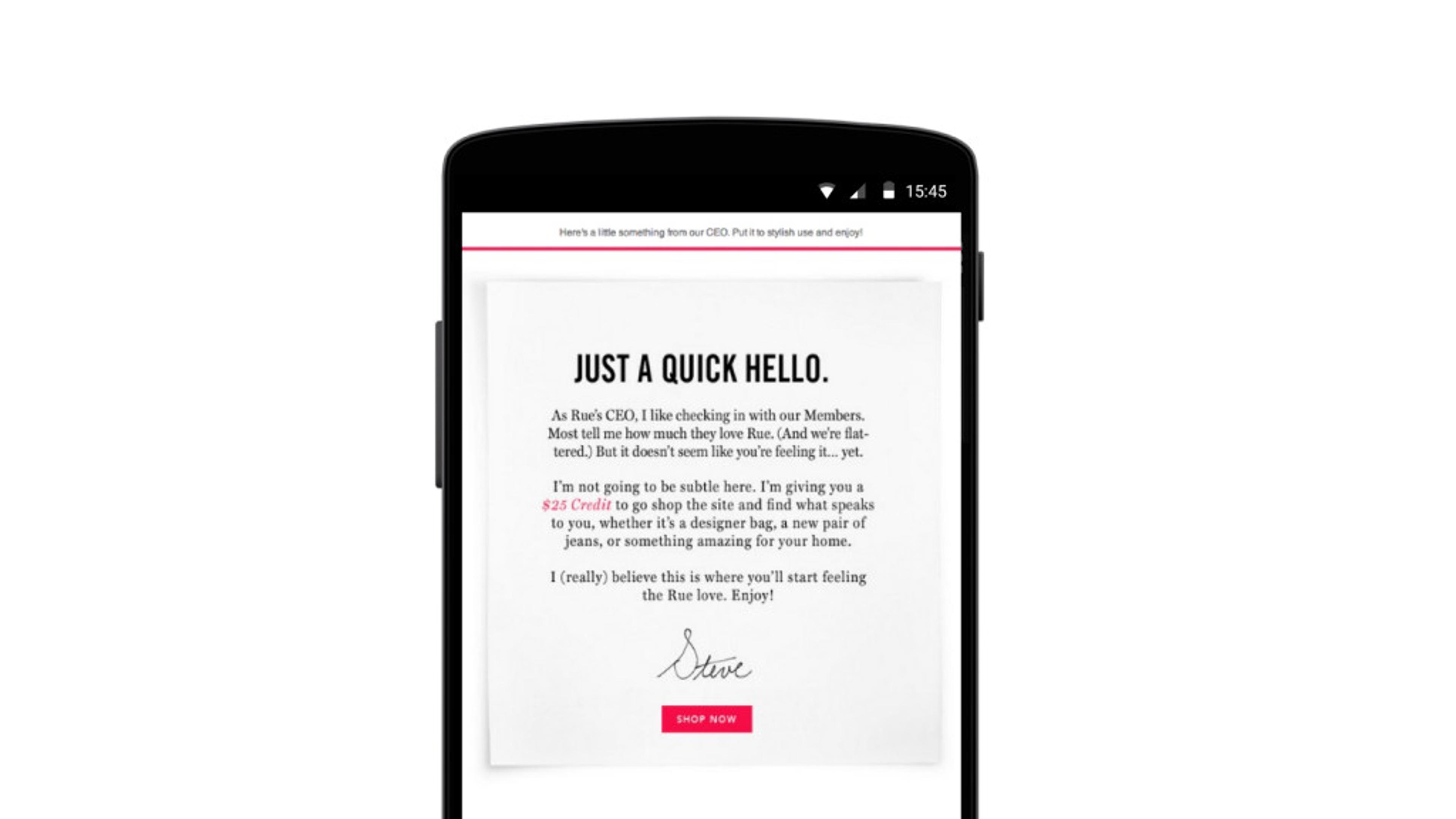 A smartphone screen displays a message titled "Just a Quick Hello," inviting members to check in and offering a special deal. The message is signed by "Steve.