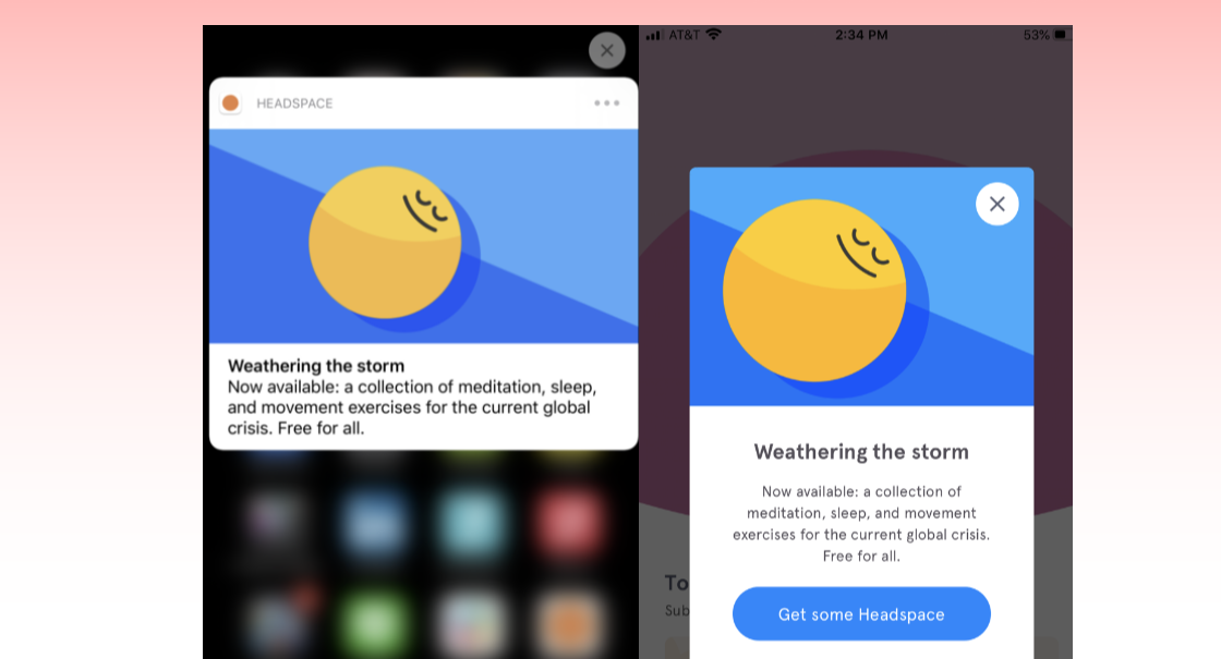 Two mobile app screens promoting "Weathering the Storm," a collection of meditation, sleep, and movement exercises related to the global crisis, available for free. One screen features a smiling sun icon.