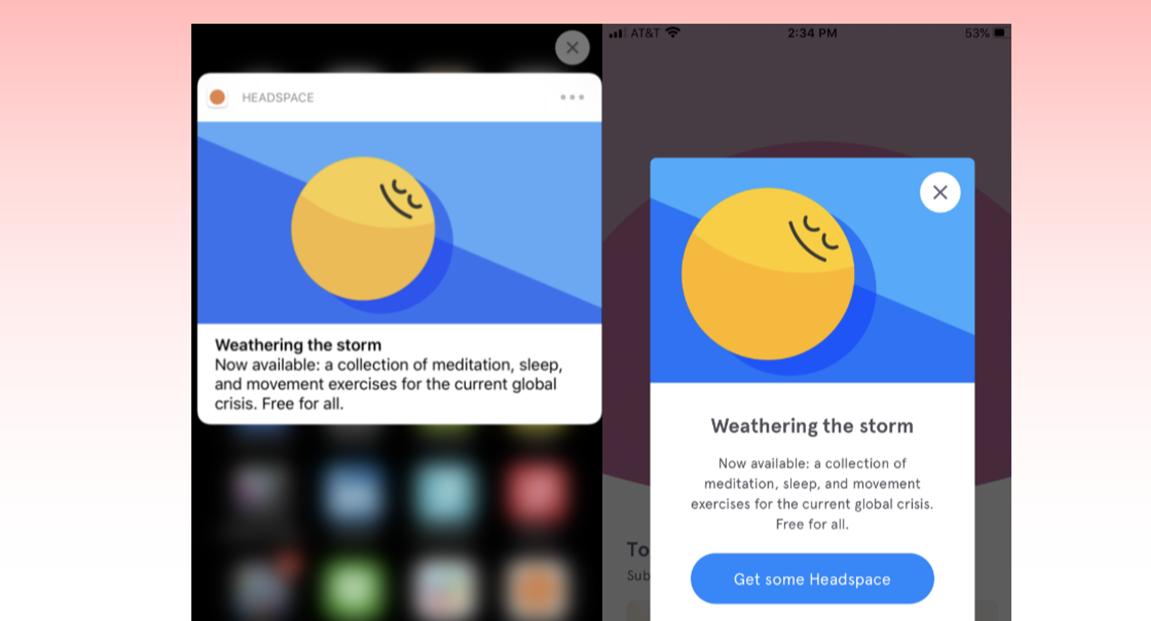 Two mobile app screens promoting "Weathering the Storm," a collection of meditation, sleep, and movement exercises related to the global crisis, available for free. One screen features a smiling sun icon.