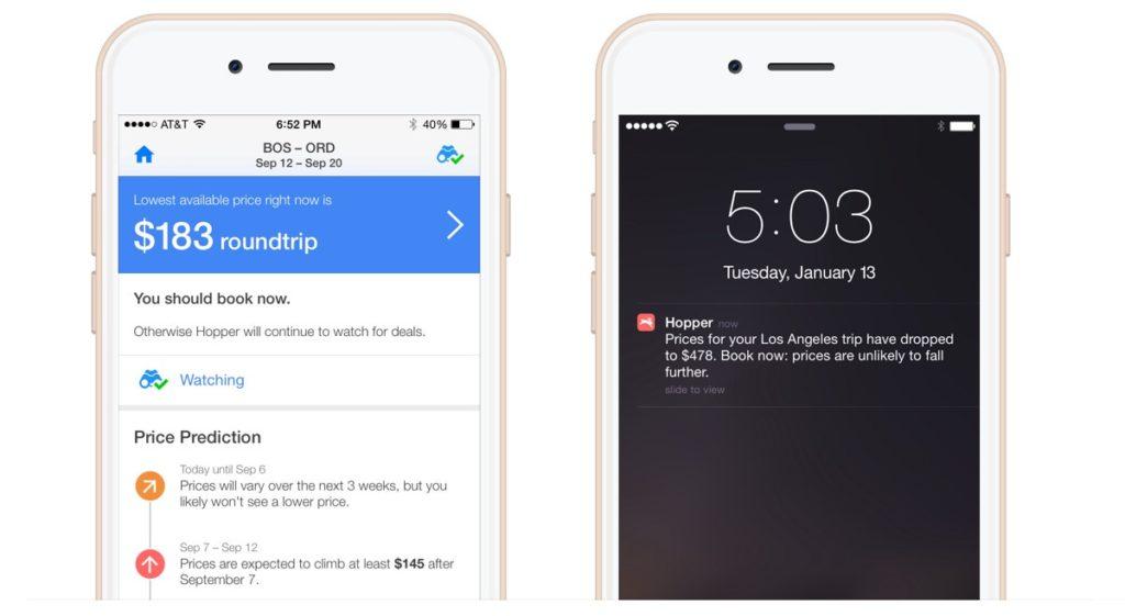 A smartphone screen displaying a travel app showing flight prices and a notification about price drops for a trip. The app indicates the lowest available price is $183 roundtrip.