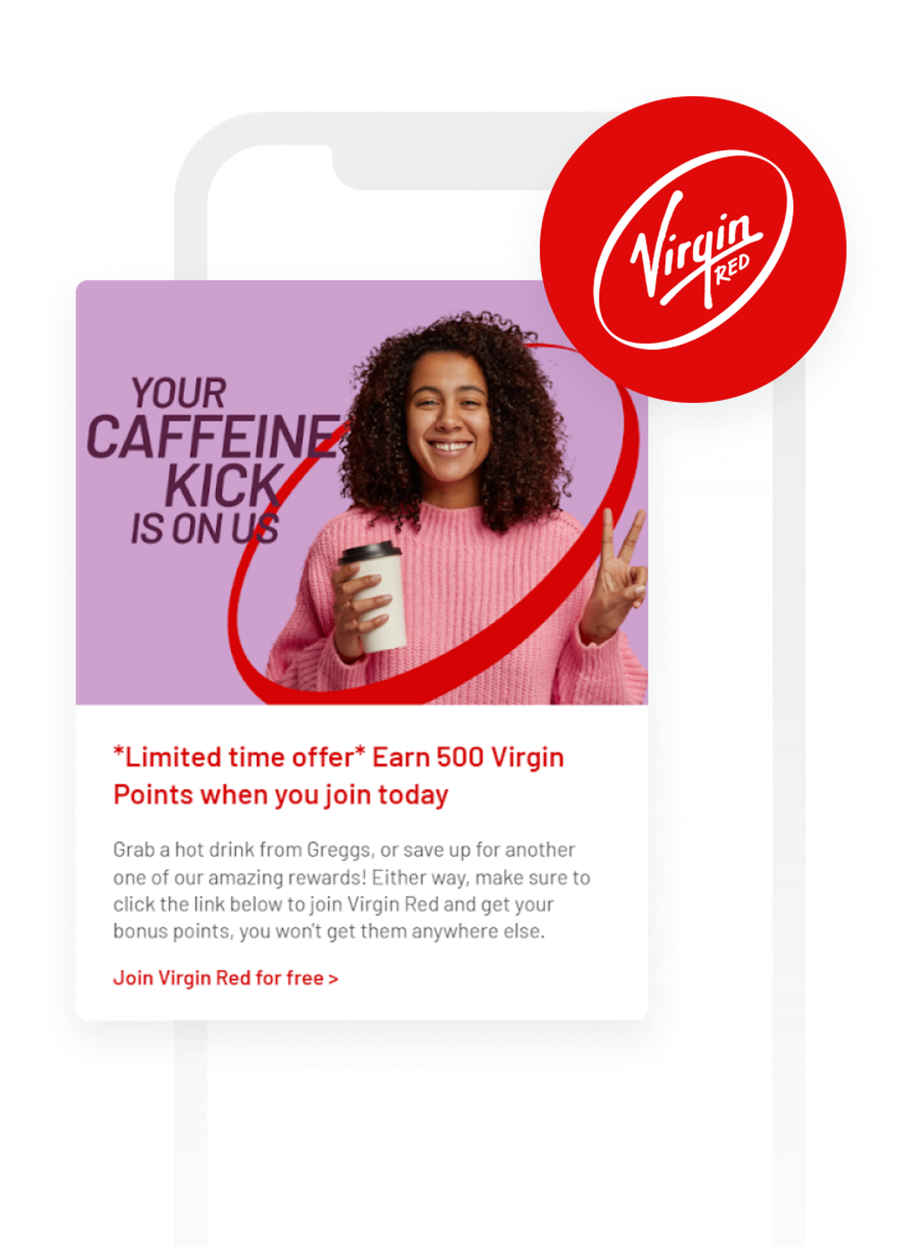 Virgin Red advertisement on a phone screen, featuring a smiling woman with coffee and an offer to earn 500 points.