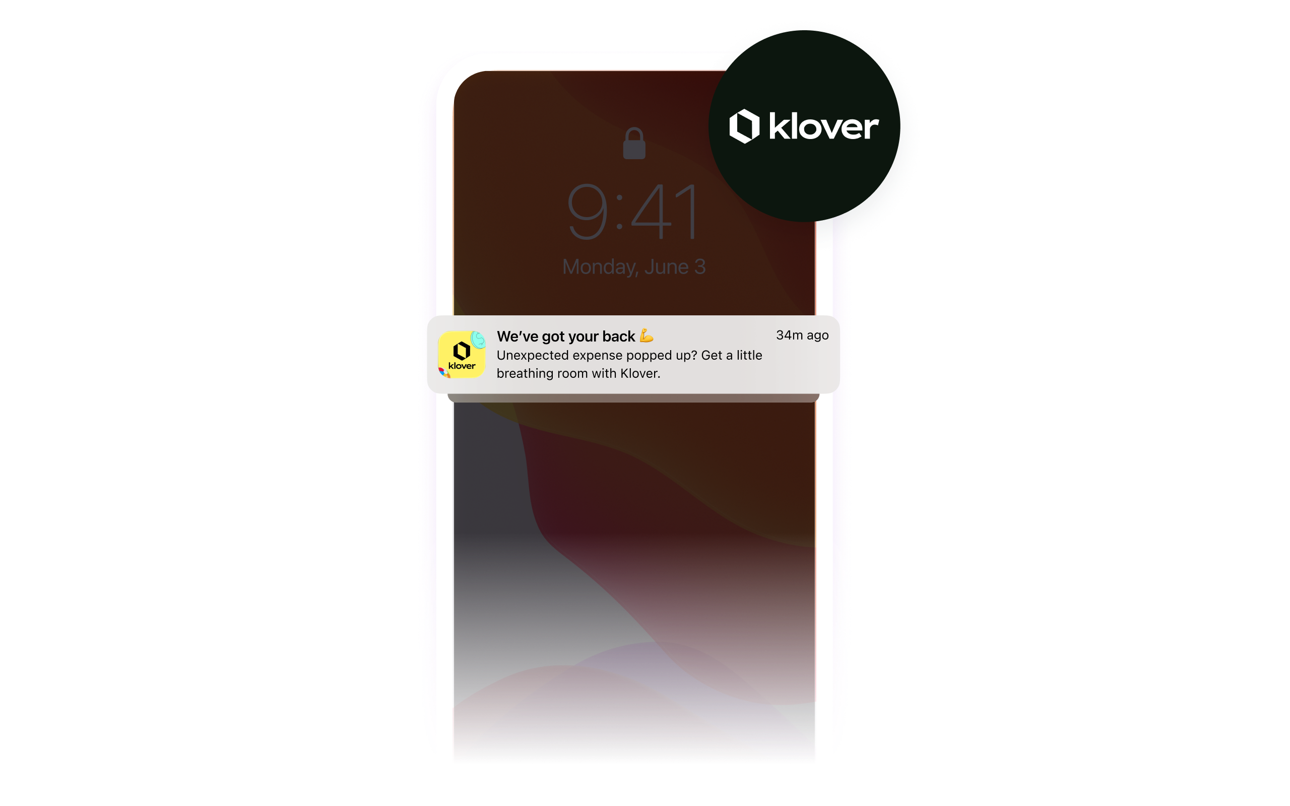Smartphone lock screen displaying a Klover notification offering help with an unexpected expense, with the Klover logo above.