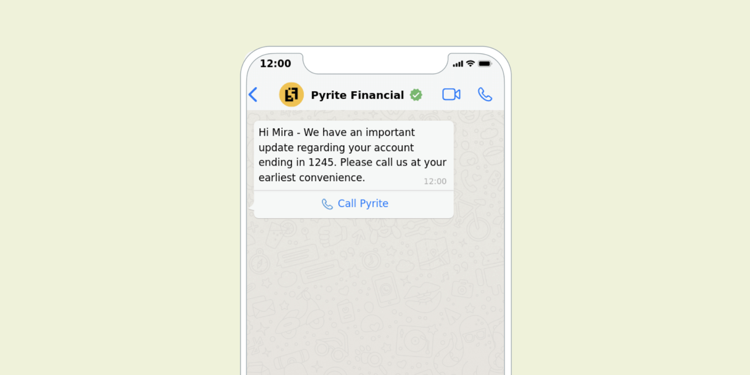 A smartphone screen displaying a message from Pyrite Financial to a user named Mira, informing her of an important account update. The message prompts her to call for more information.