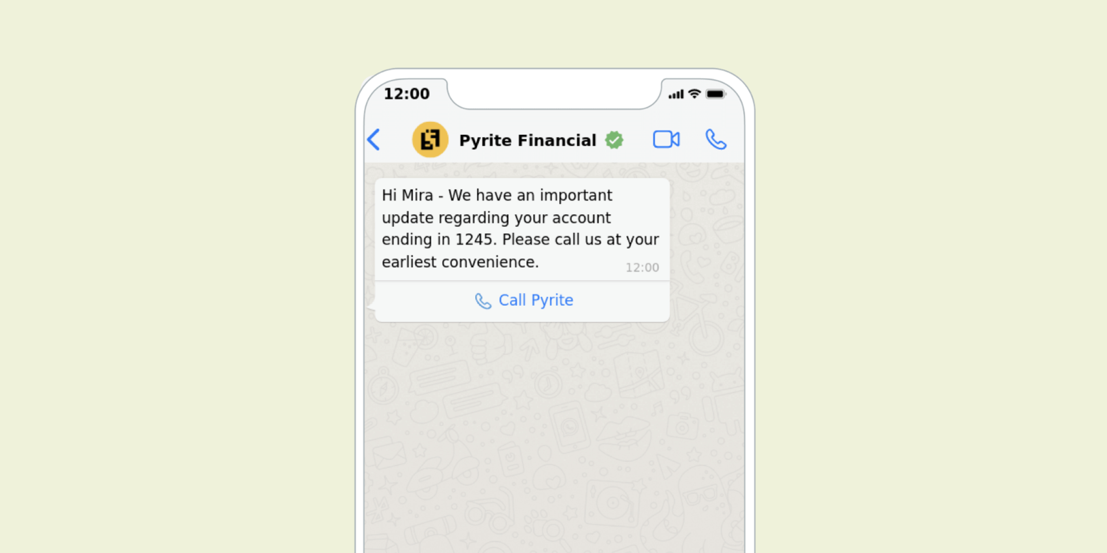 A smartphone screen displaying a message from Pyrite Financial to a user named Mira, informing her of an important account update. The message prompts her to call for more information.