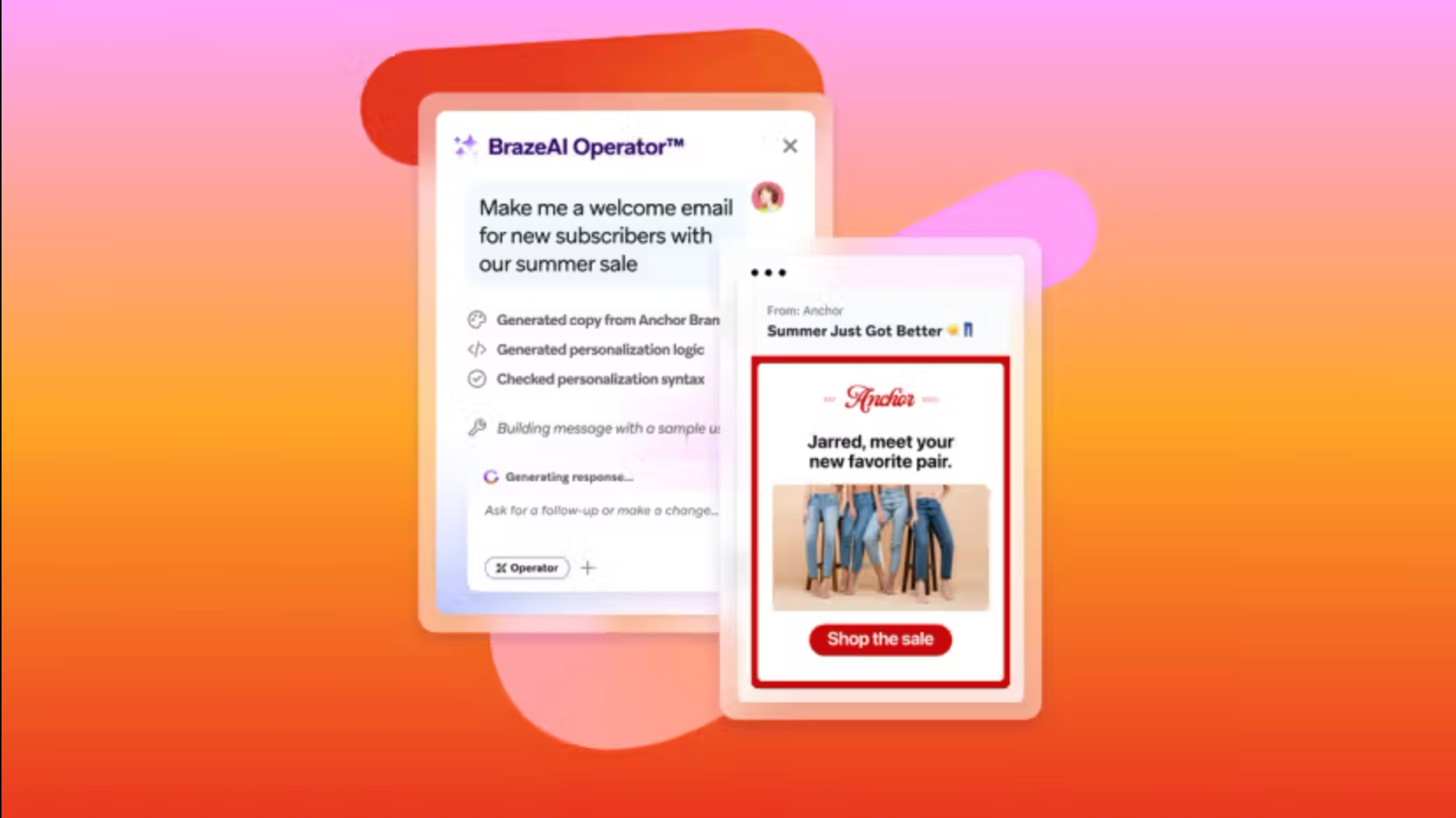 BrazeAI Operator generates a personalized summer sale welcome email, shown alongside a preview featuring jeans and a “Shop the sale” button.