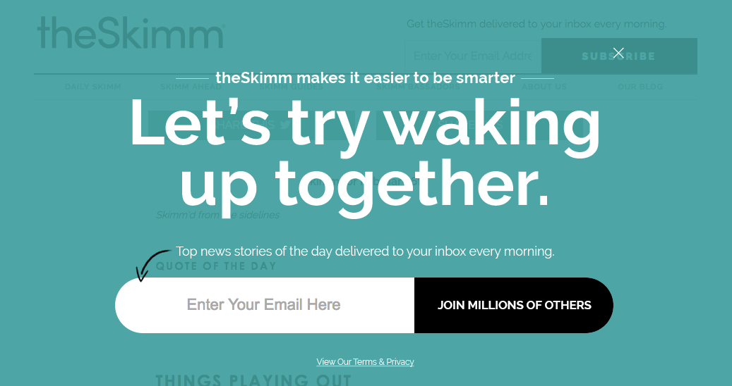 A promotional banner for theSkimm encouraging users to subscribe for daily news updates via email. It features a call-to-action to enter an email address and join millions of others.