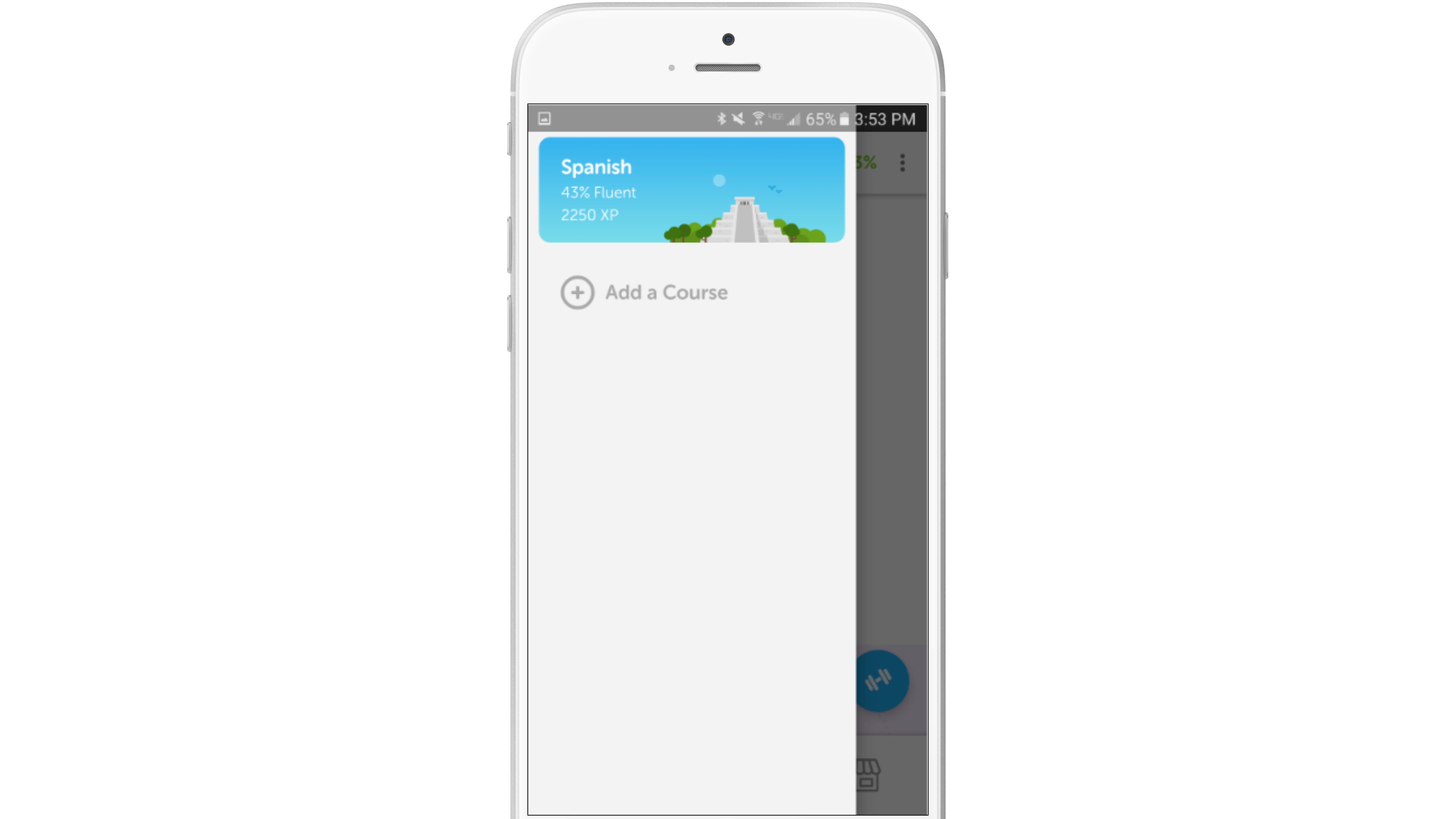 A smartphone screen displaying a language learning app with a focus on Spanish. The screen shows the user's progress and an option to add a course.