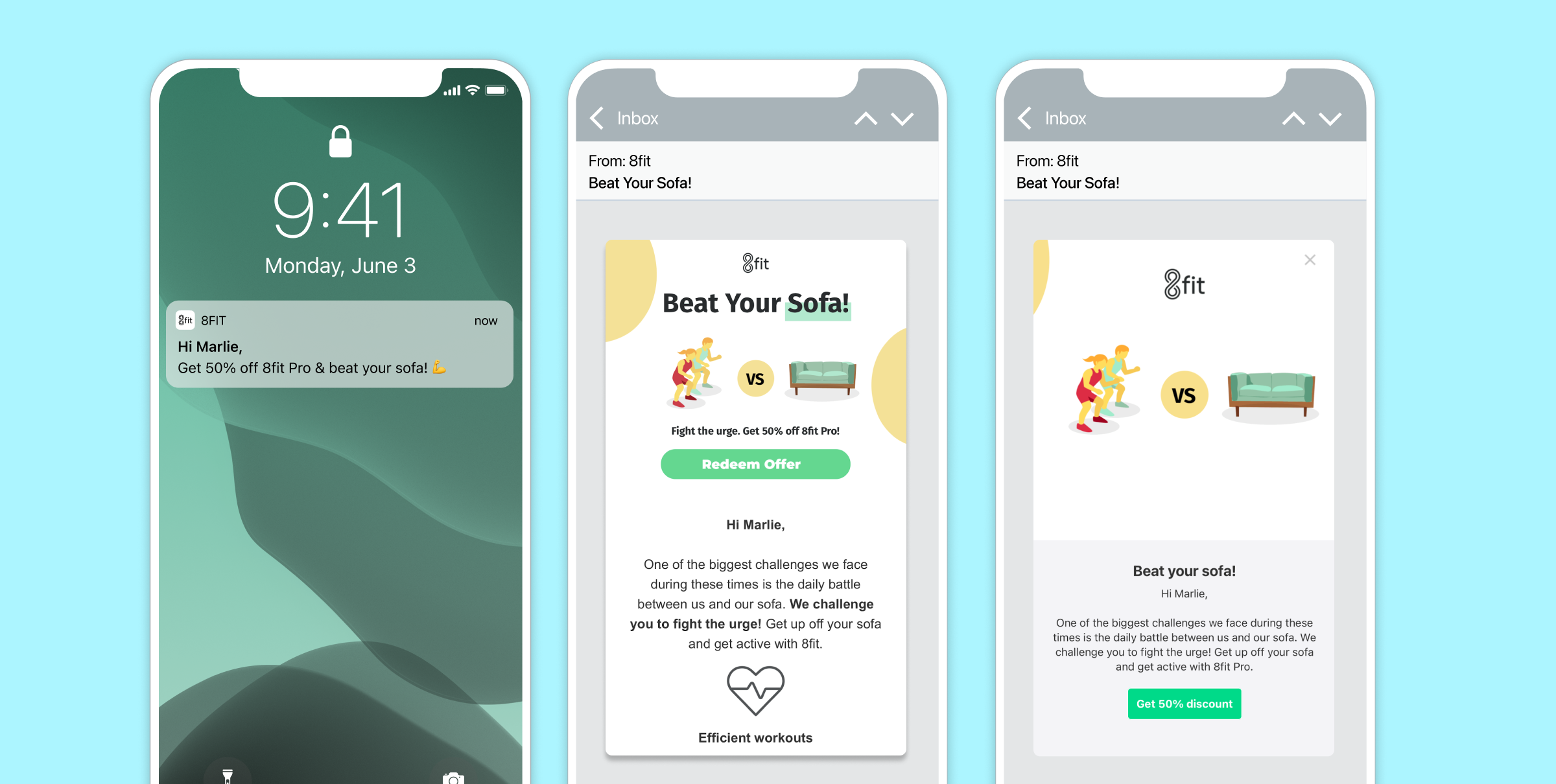 Three phones showing 8fit's emails using AI