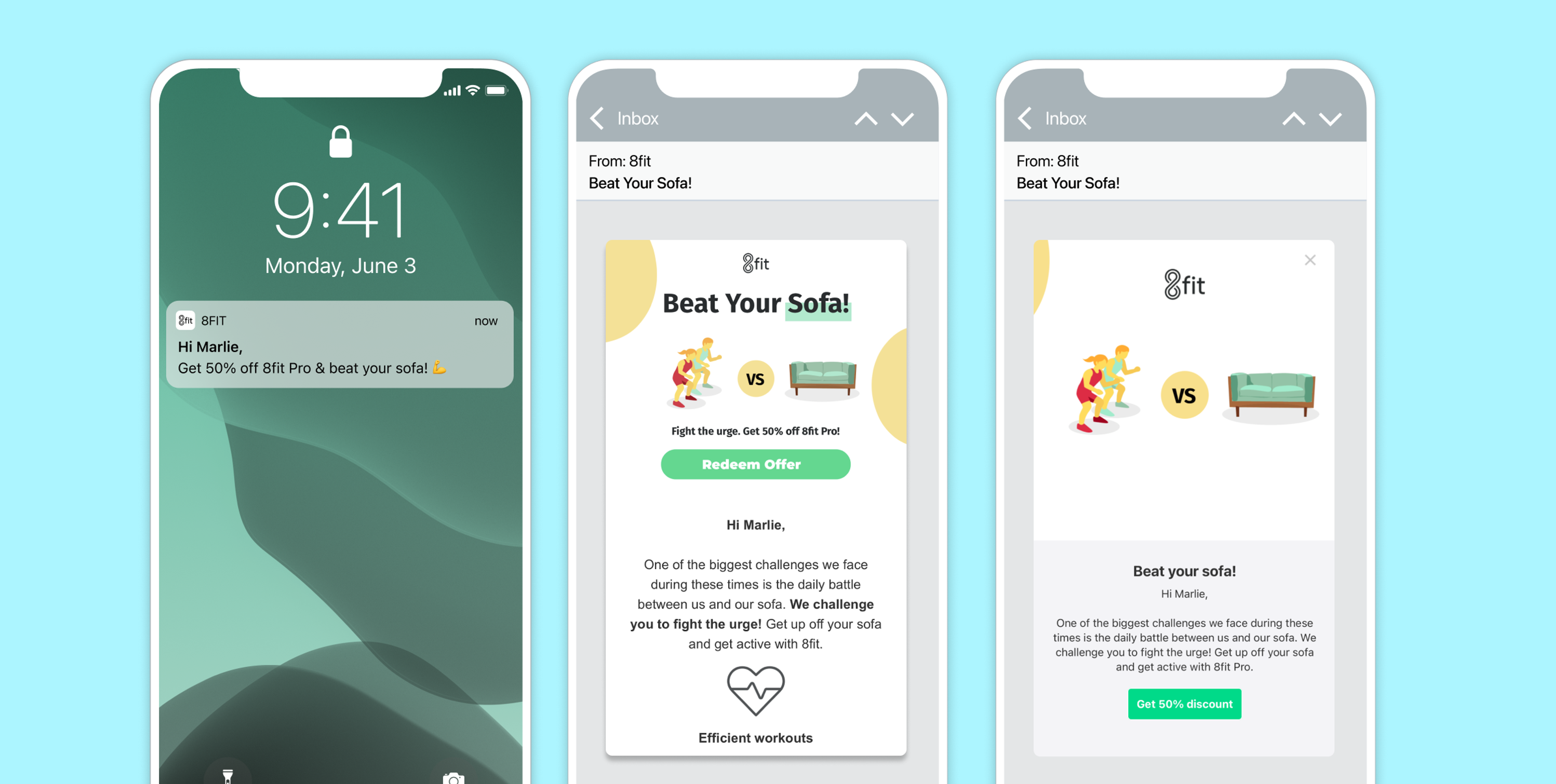 Three phones showing 8fit's emails using AI