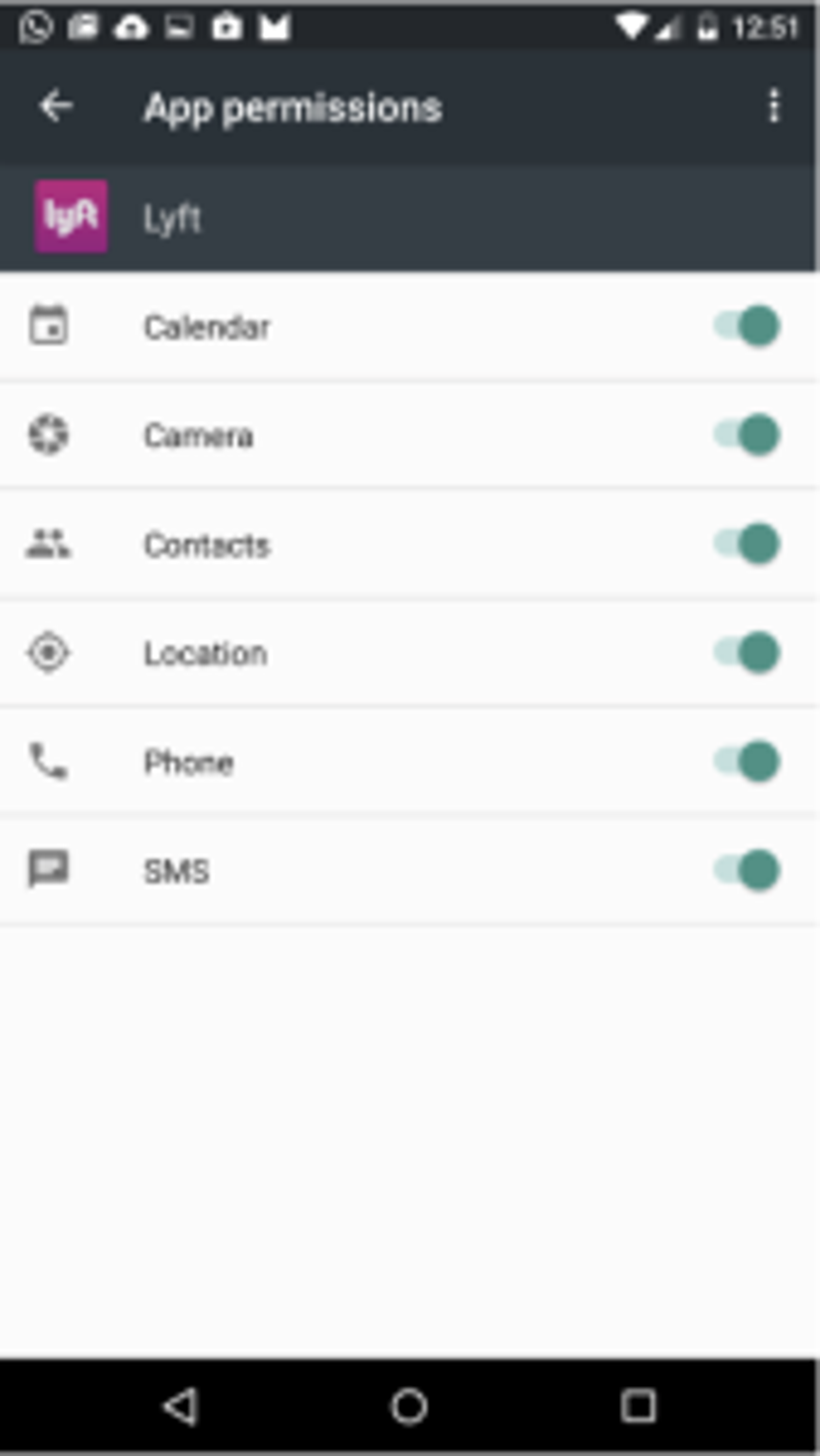A list of app permissions for the Lyft app, including options for Calendar, Camera, Contacts, Location, Phone, and SMS, each with toggle switches.