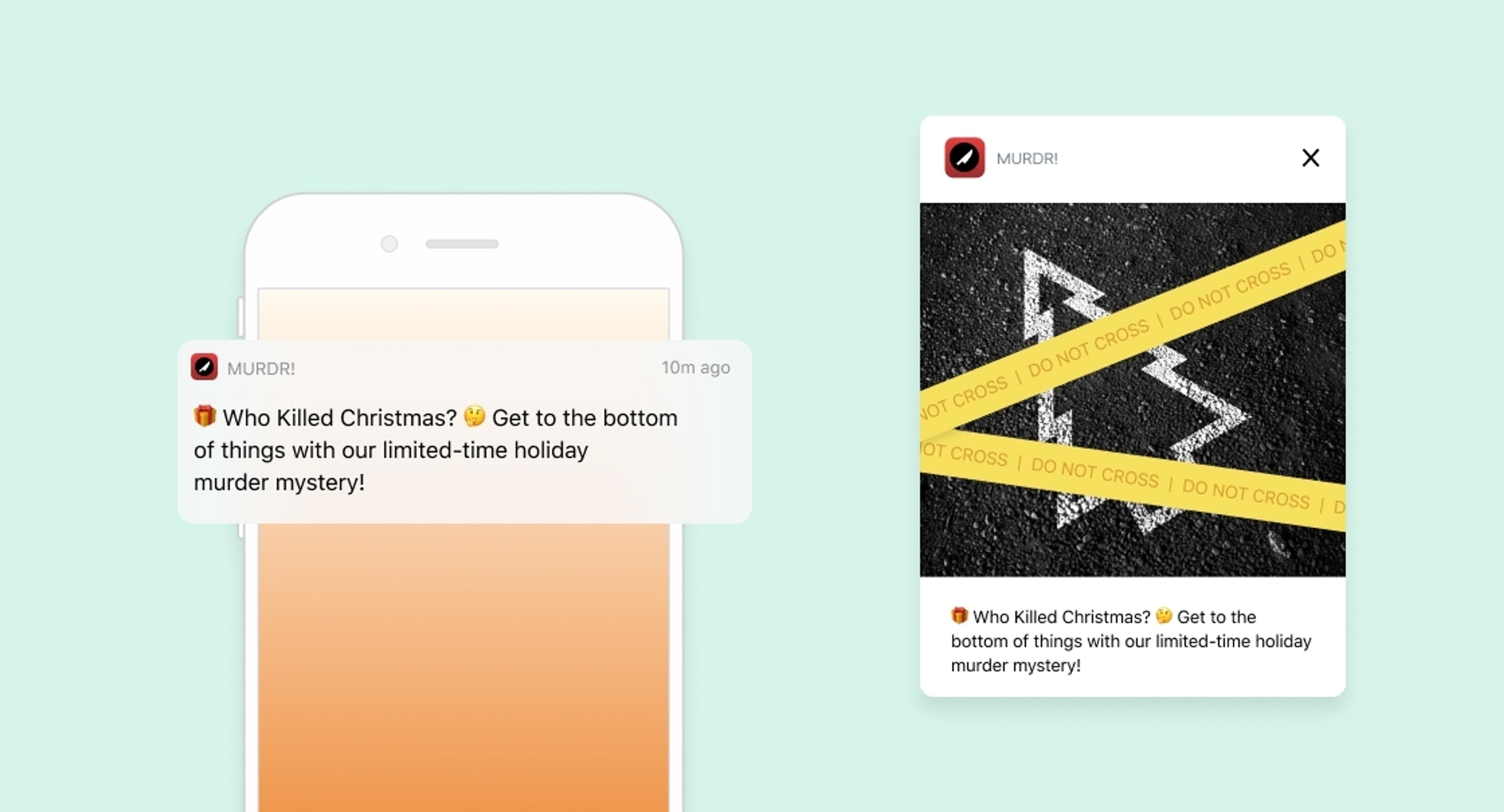 A smartphone displaying a notification about a holiday murder mystery titled "Who Killed Christmas?" with a festive tree graphic in the background.