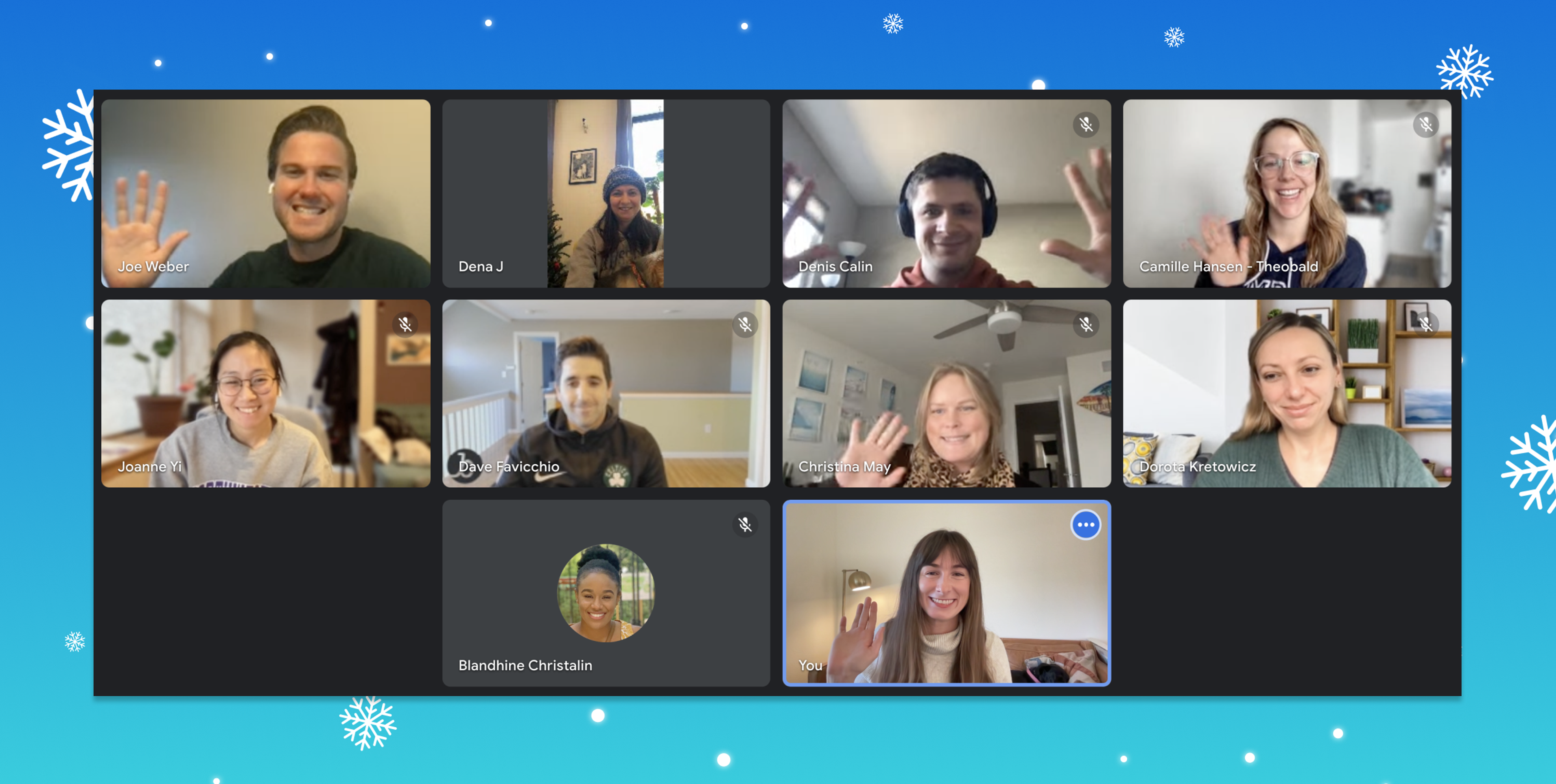 A virtual meeting with nine participants smiling and waving at the camera, set against a blue background with snowflakes.
