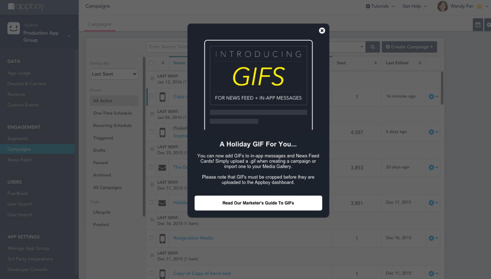 A pop-up message introducing GIFs for news feed and in-app messages, with a holiday theme. It includes a link to a marketer's guide to GIFs.