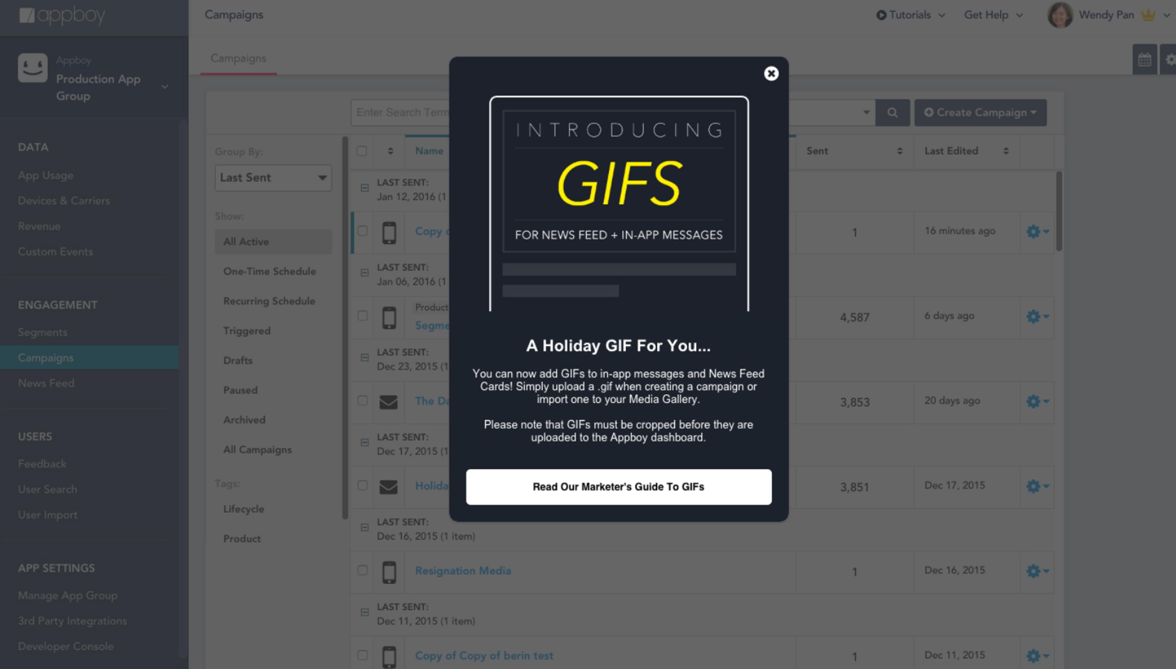 A pop-up message introducing GIFs for news feed and in-app messages, with a holiday theme. It includes a link to a marketer's guide to GIFs.