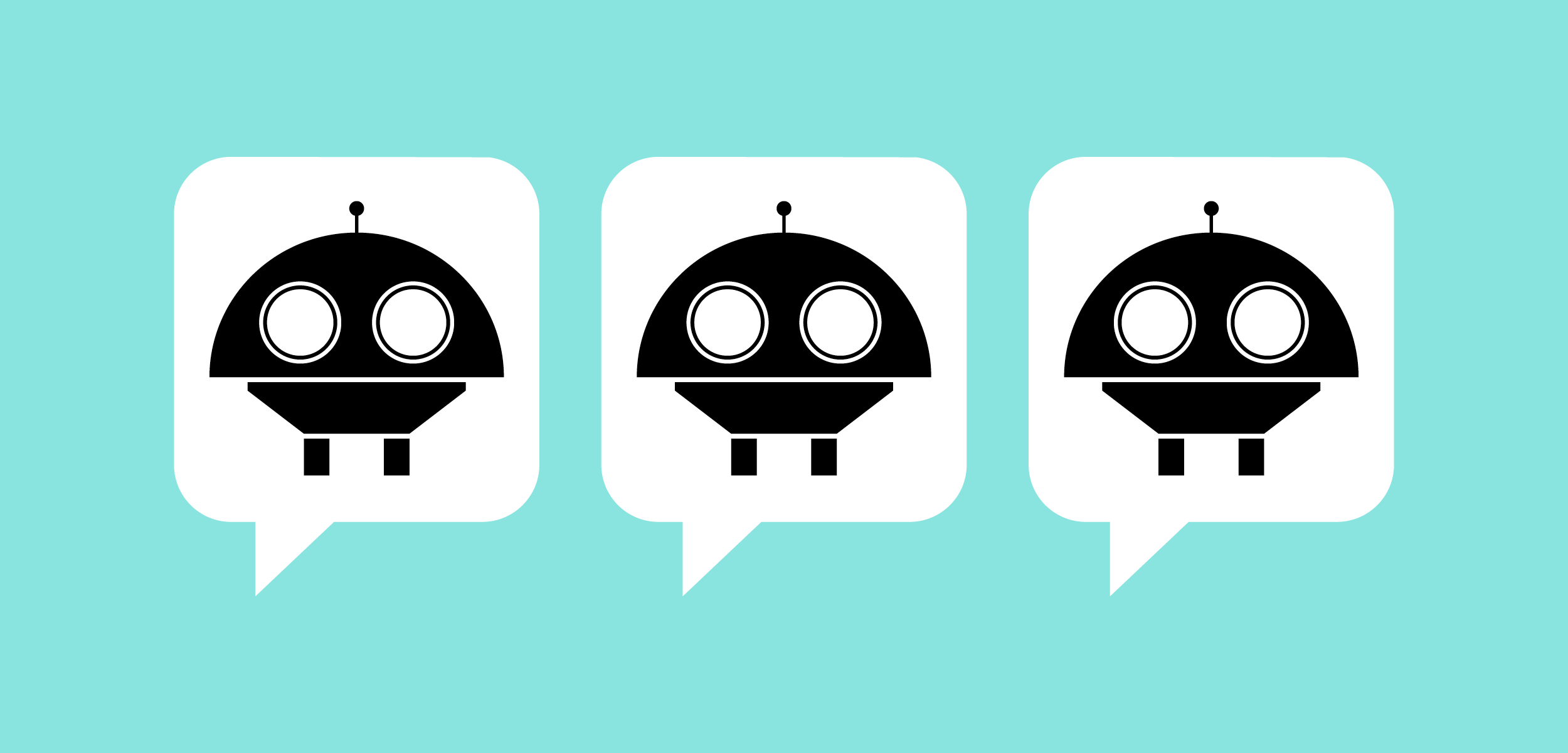 Three black robot icons in white speech bubbles on a light blue background.