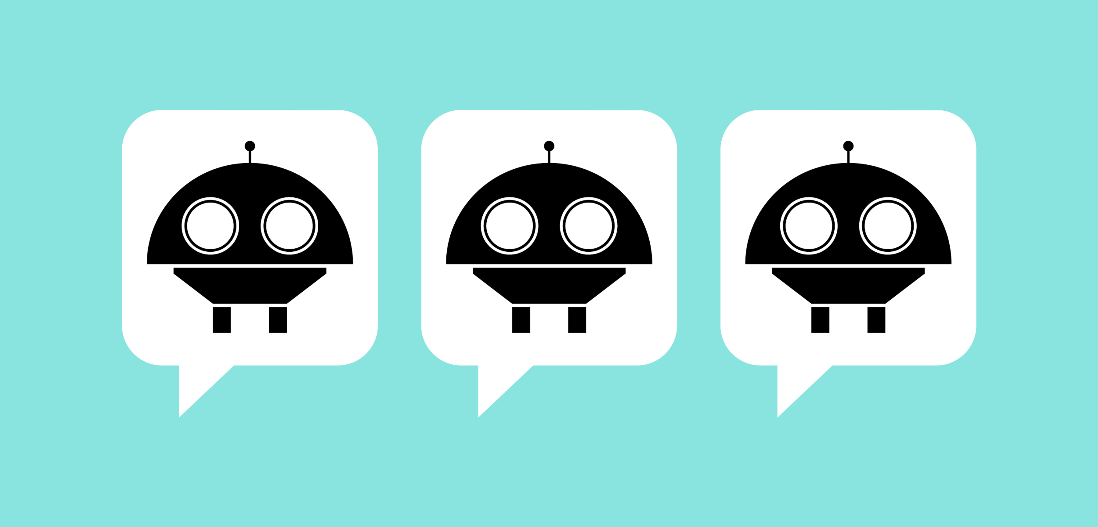 Three black robot icons in white speech bubbles on a light blue background.